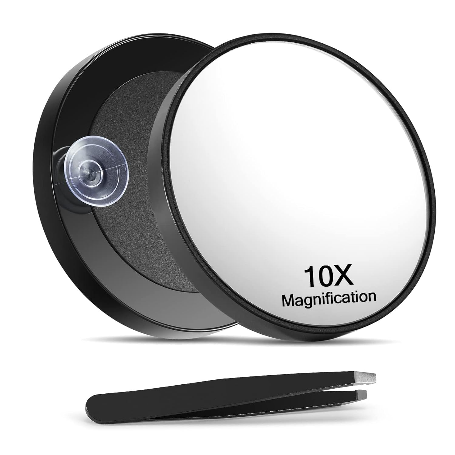 10X Magnifying Mirror with Suction Cups and Slant Tweezers Black