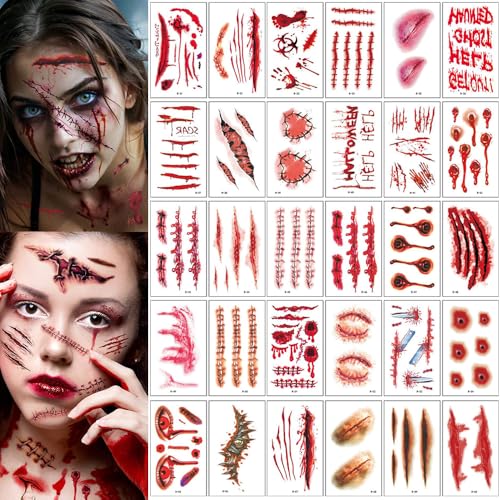 30 Sheets Fake Scars Temporary Tattoos for Halloween Costume