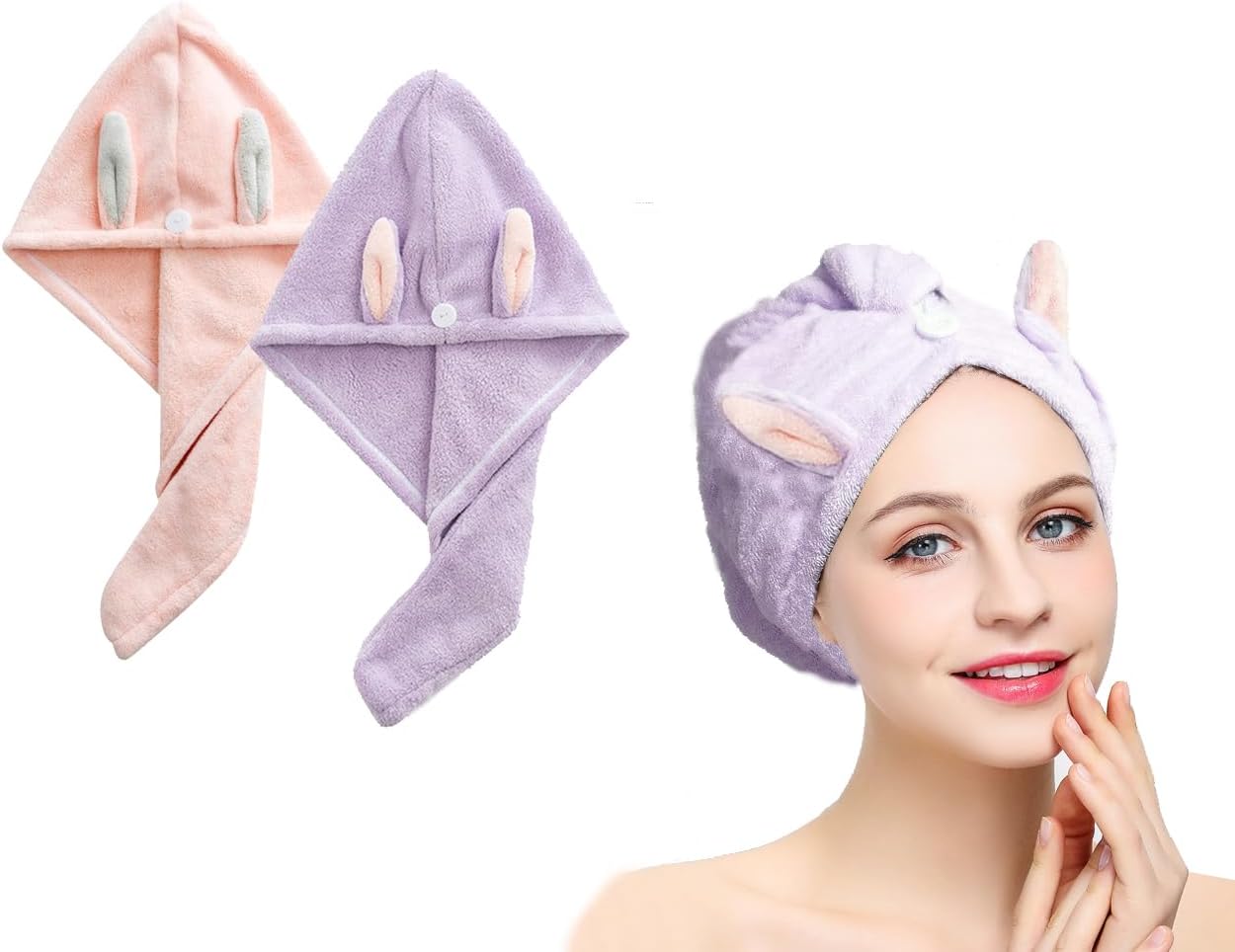 Hair Towel Wrap with Button 2 Pack Microfiber Drying Towel
