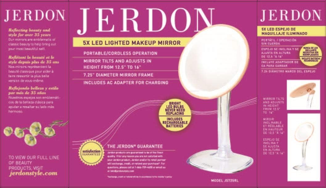 JERDON Lighted Makeup Mirror with 5X Magnification