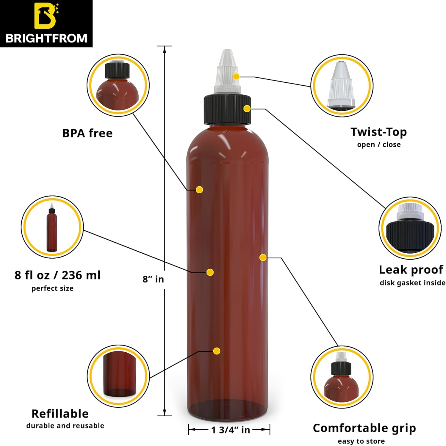BRIGHTFROM Twist Top Squeeze Bottles 8 OZ BPA-Free Refillable Amber