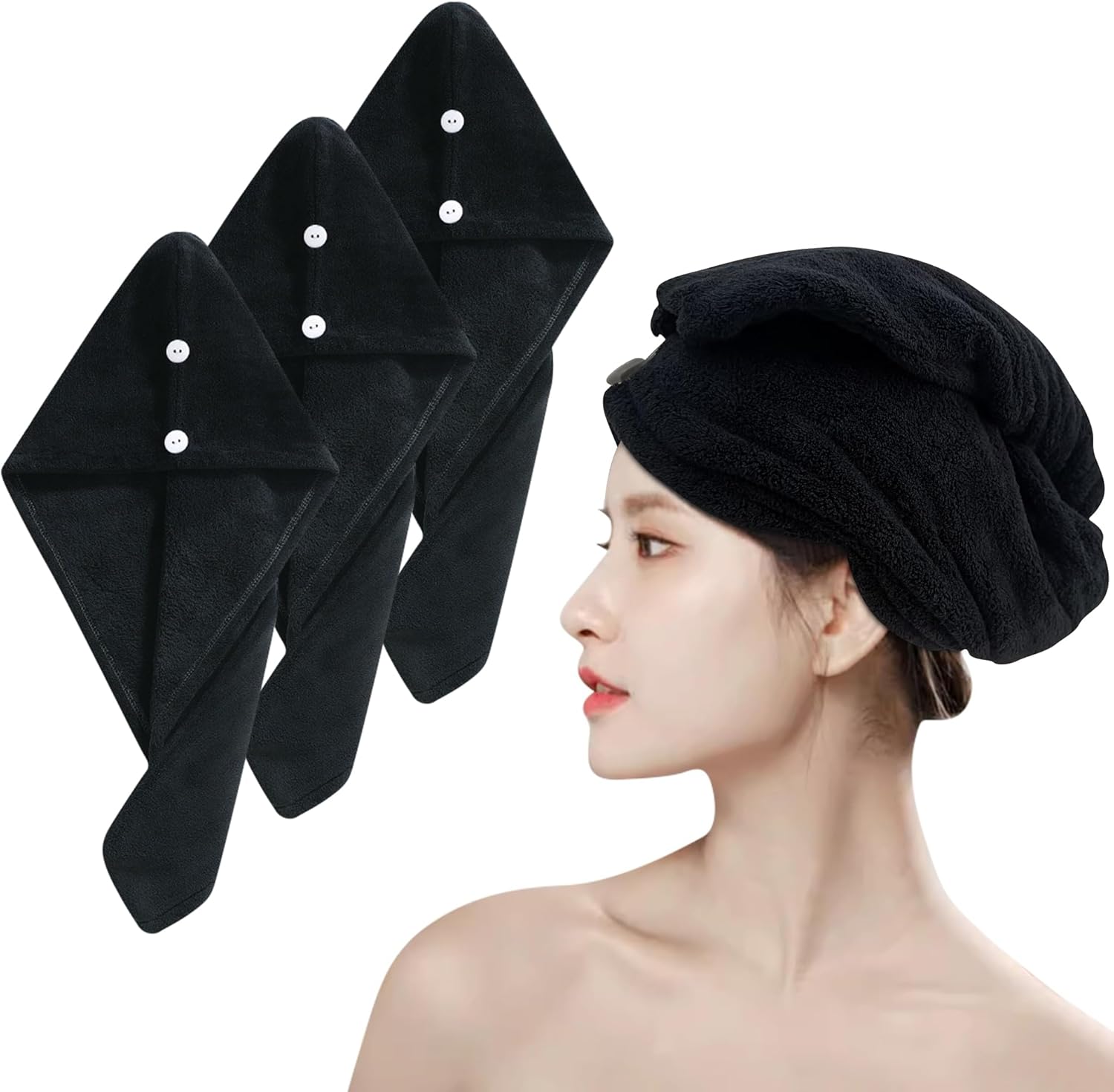 Wetore 3 Pack Microfiber Hair Towel with Button Closure