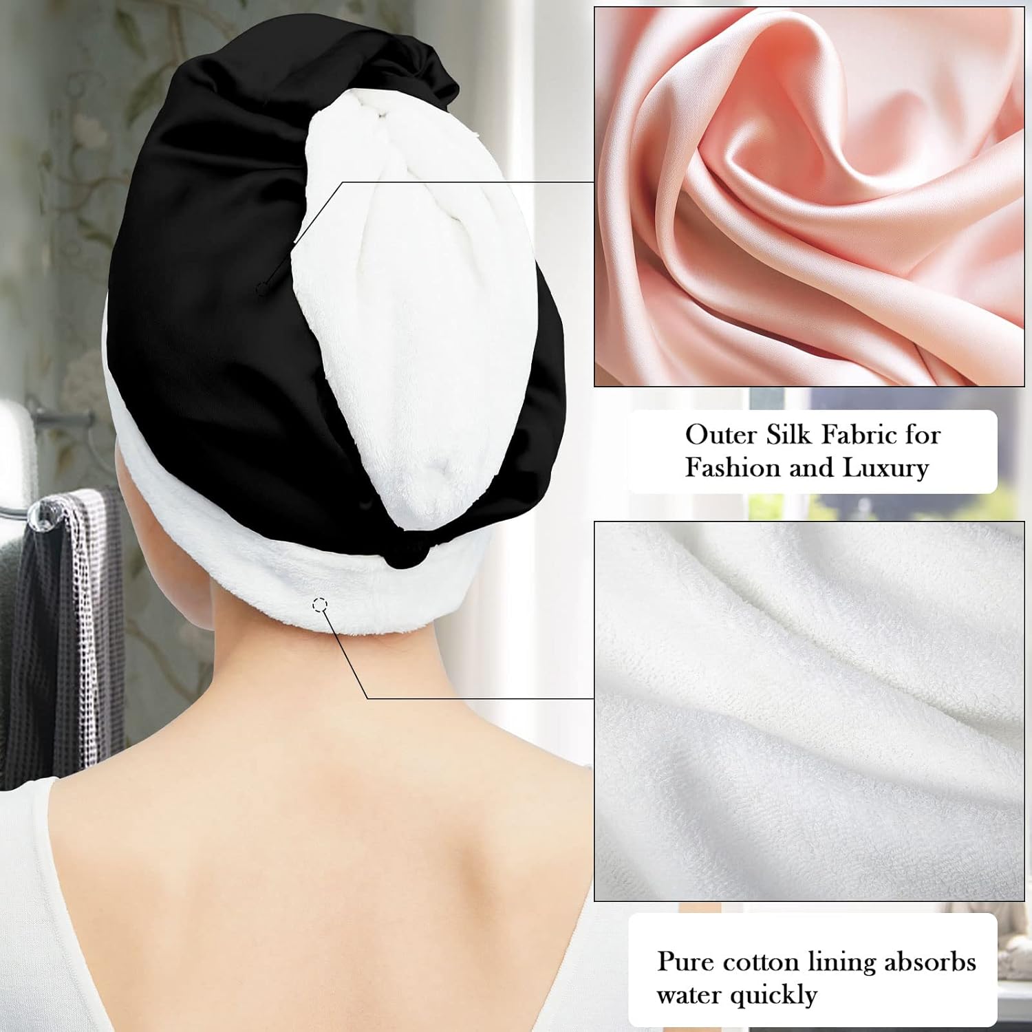DAISYSILK Hair Drying Towel with Silk Outer and Cotton Inner - Black