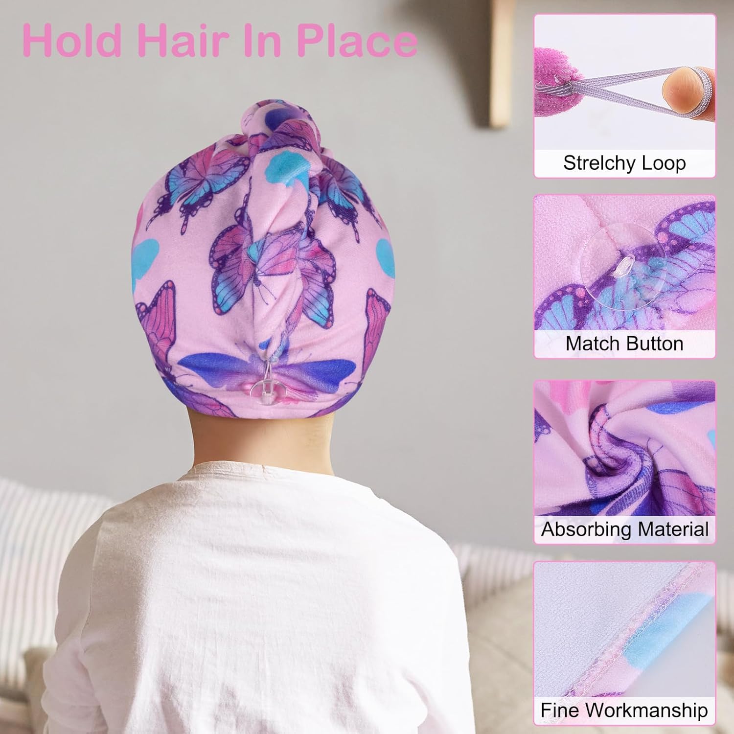 Basumee Microfiber Hair Towel Wrap 2 Pack - Blue Pink Butterfly Design