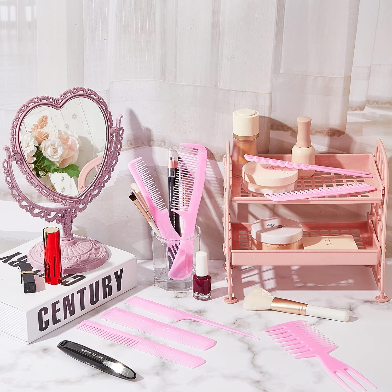 CHENGU Heart-Shaped Mirror 8 Combs Hair Styling Set Pink