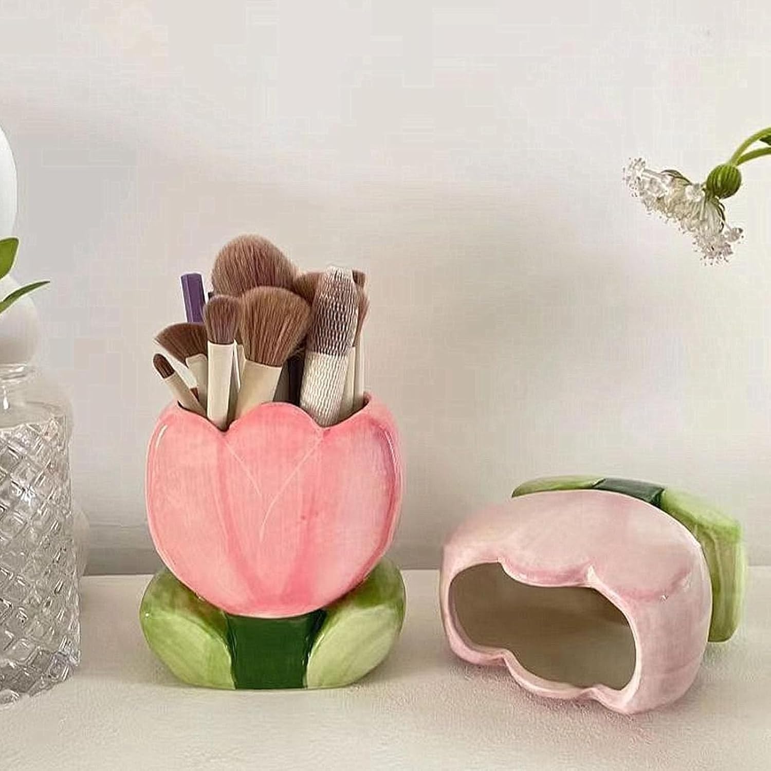 Ceramic Tulip Makeup Brush Holder Pink