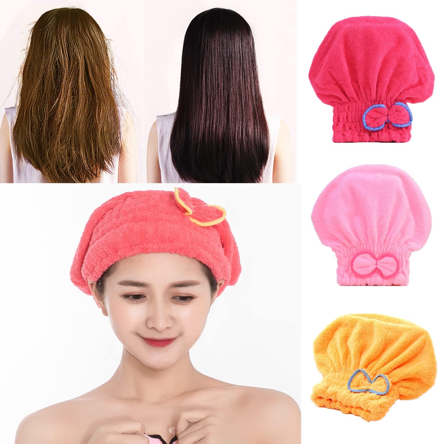 JIEOU Microfiber Hair Drying Cap 3 Packs Red Pink Yellow
