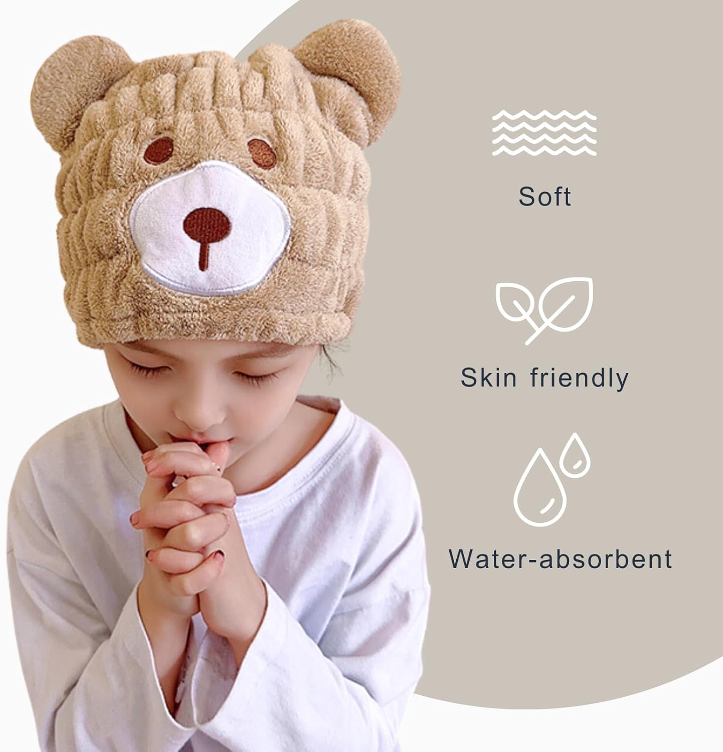 LCBD Microfiber Hair Towel Wrap for Kids - Brown Bear Design