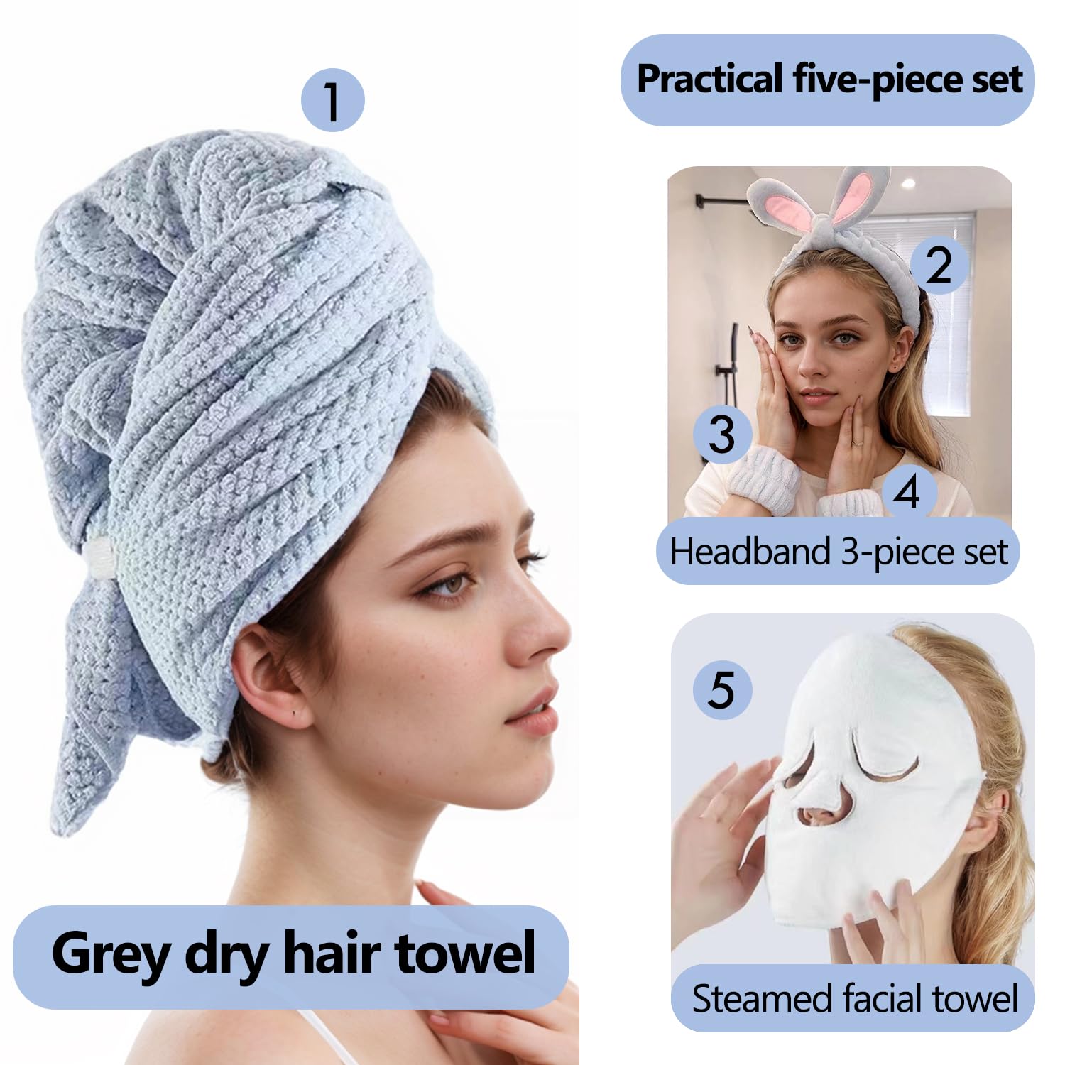 LiliGloris 3PC Personal Care Set - Hair Drying Towel Headband Facial Mask 1