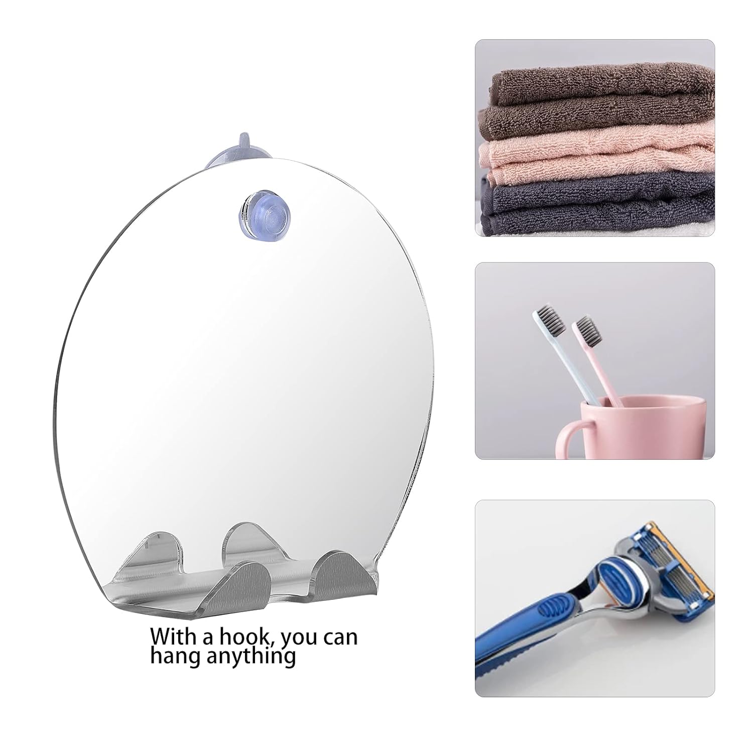 Fogless Round Shower Mirror with Suction Hook