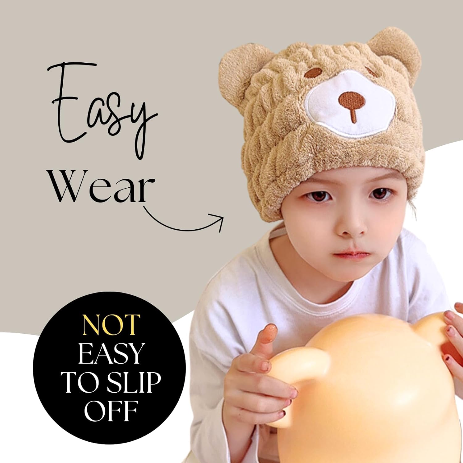 LCBD Microfiber Hair Towel Wrap for Kids - Brown Bear Design