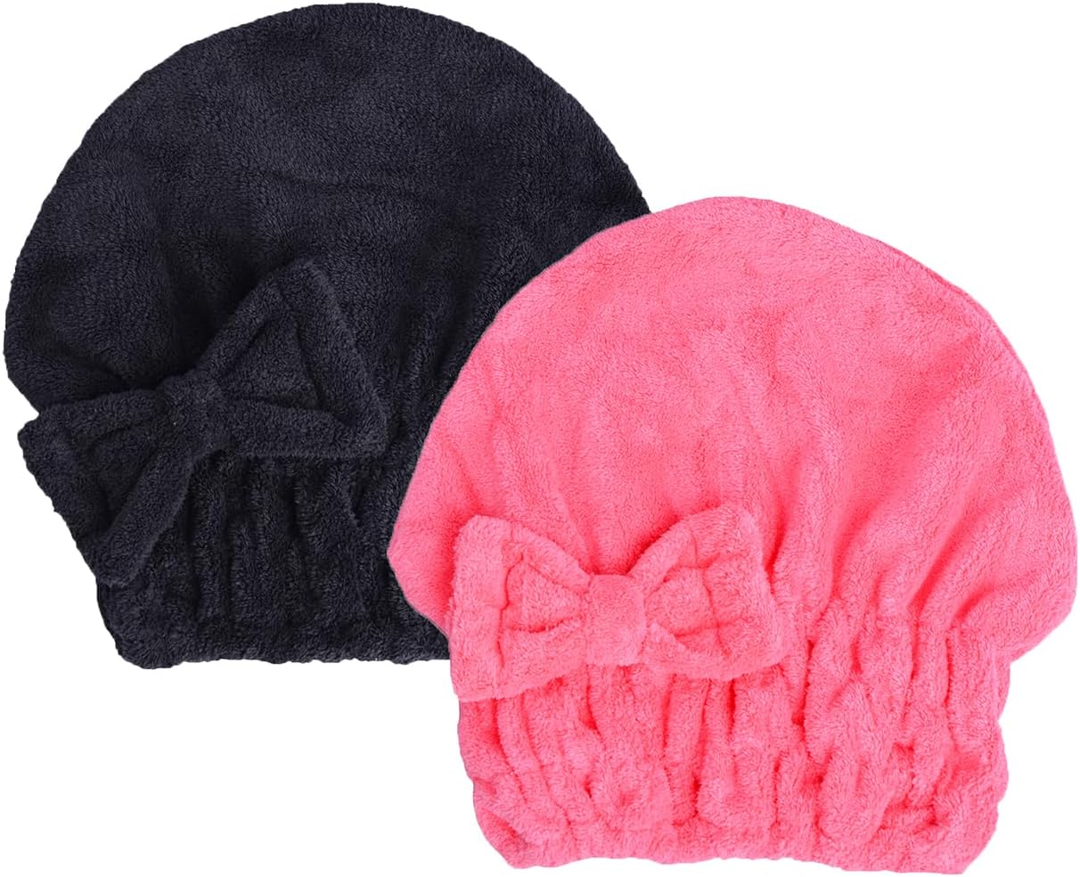 HOPESHINE Microfiber Hair Towel Cap - Black Rose Red 2 Pack