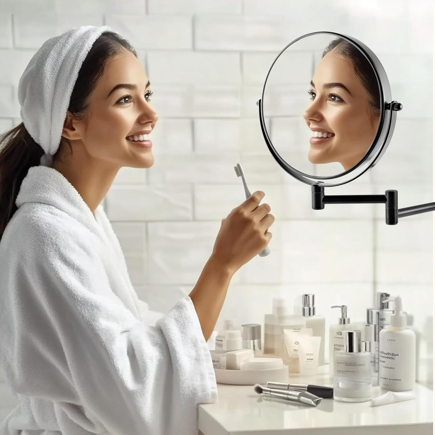JANEEVA 8 Inch Wall Mounted Makeup Mirror with 360 Extendable Arm