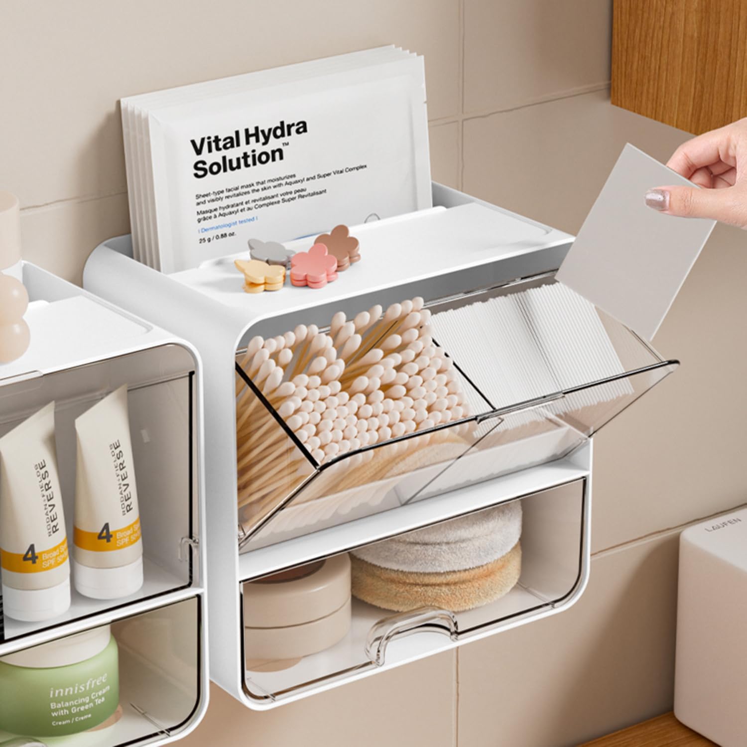 ONEFOLL Wall Mounted Makeup Organizer with Slant Flip and Drawer