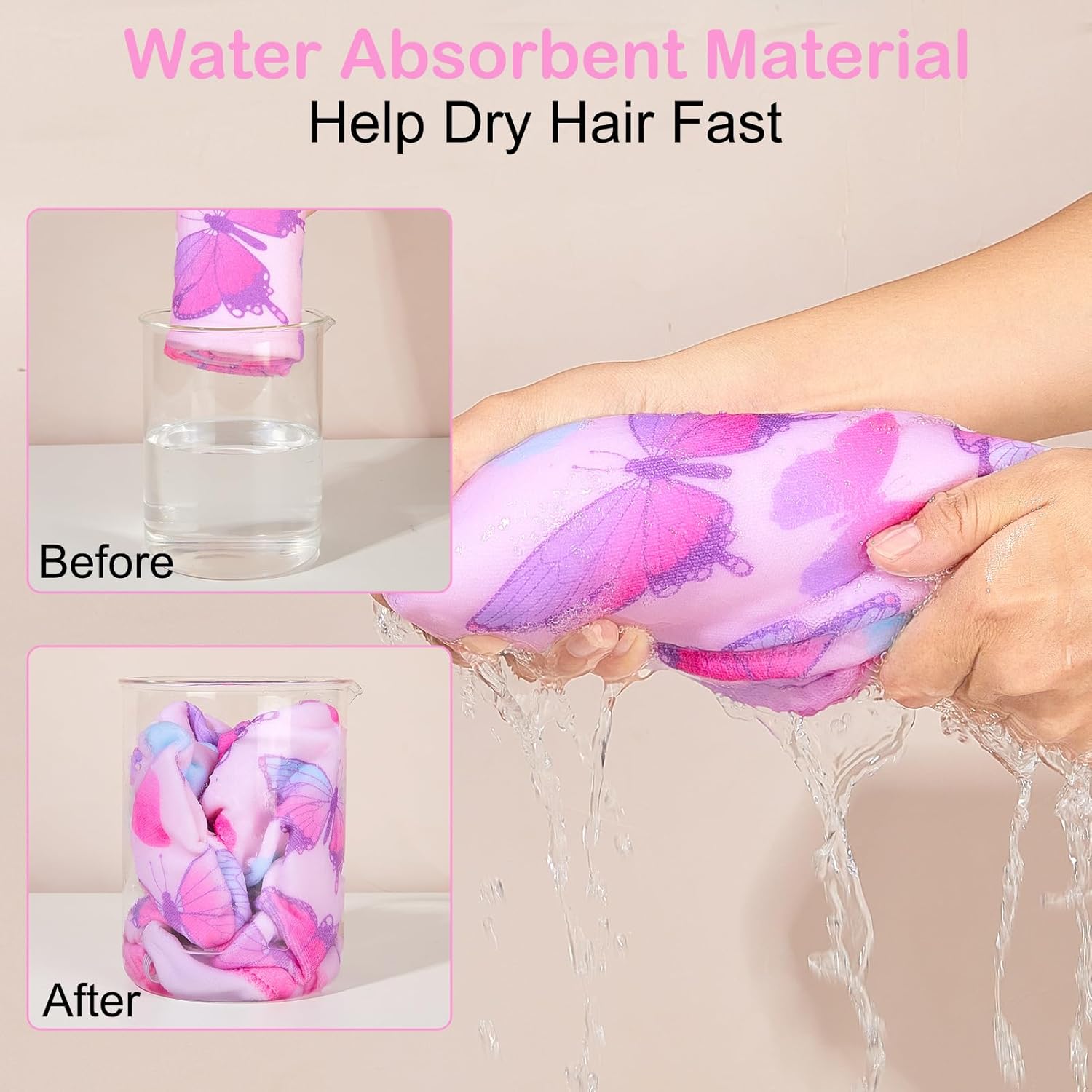 Basumee Microfiber Hair Towel Wrap 2 Pack - Blue Pink Butterfly Design