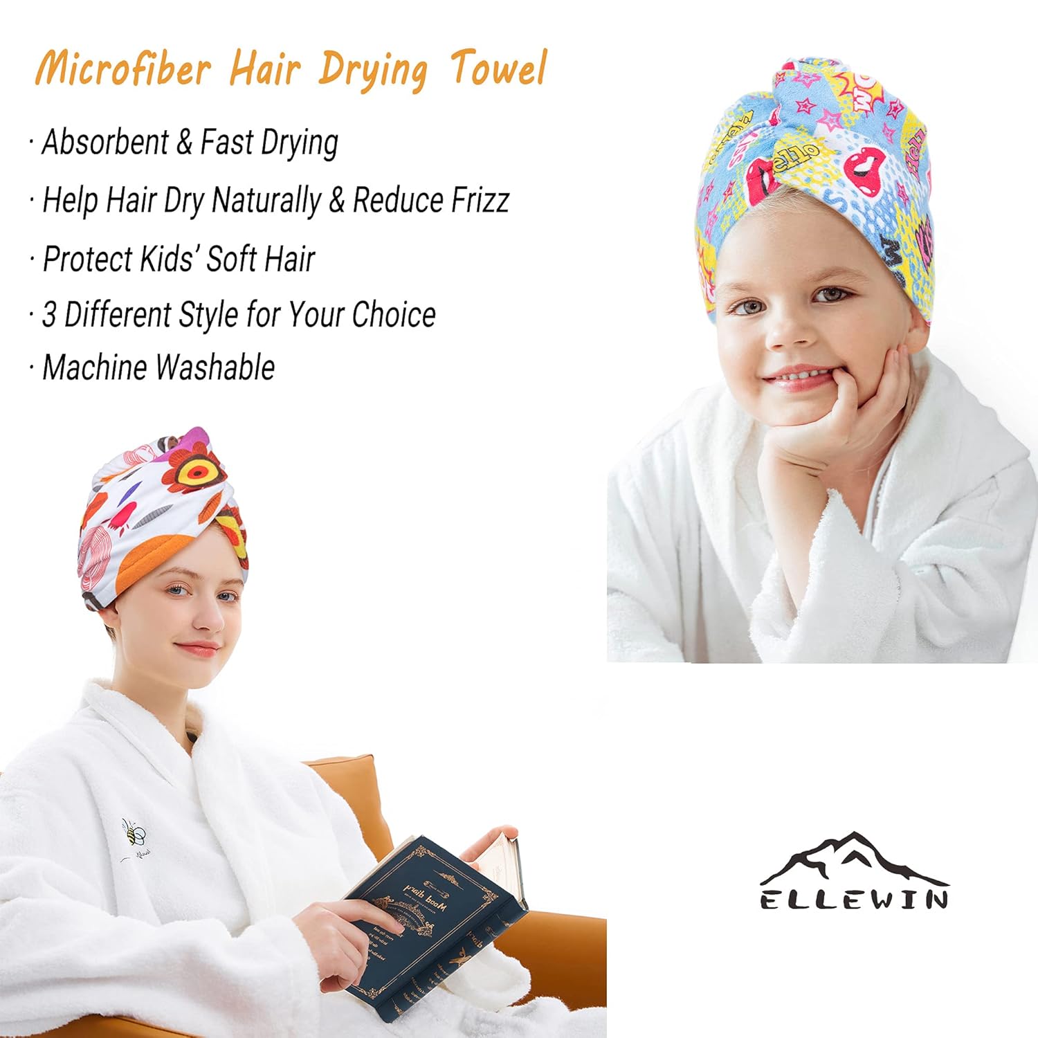 ELLEWIN Microfiber Hair Drying Towel 3 Pack for Kids Women