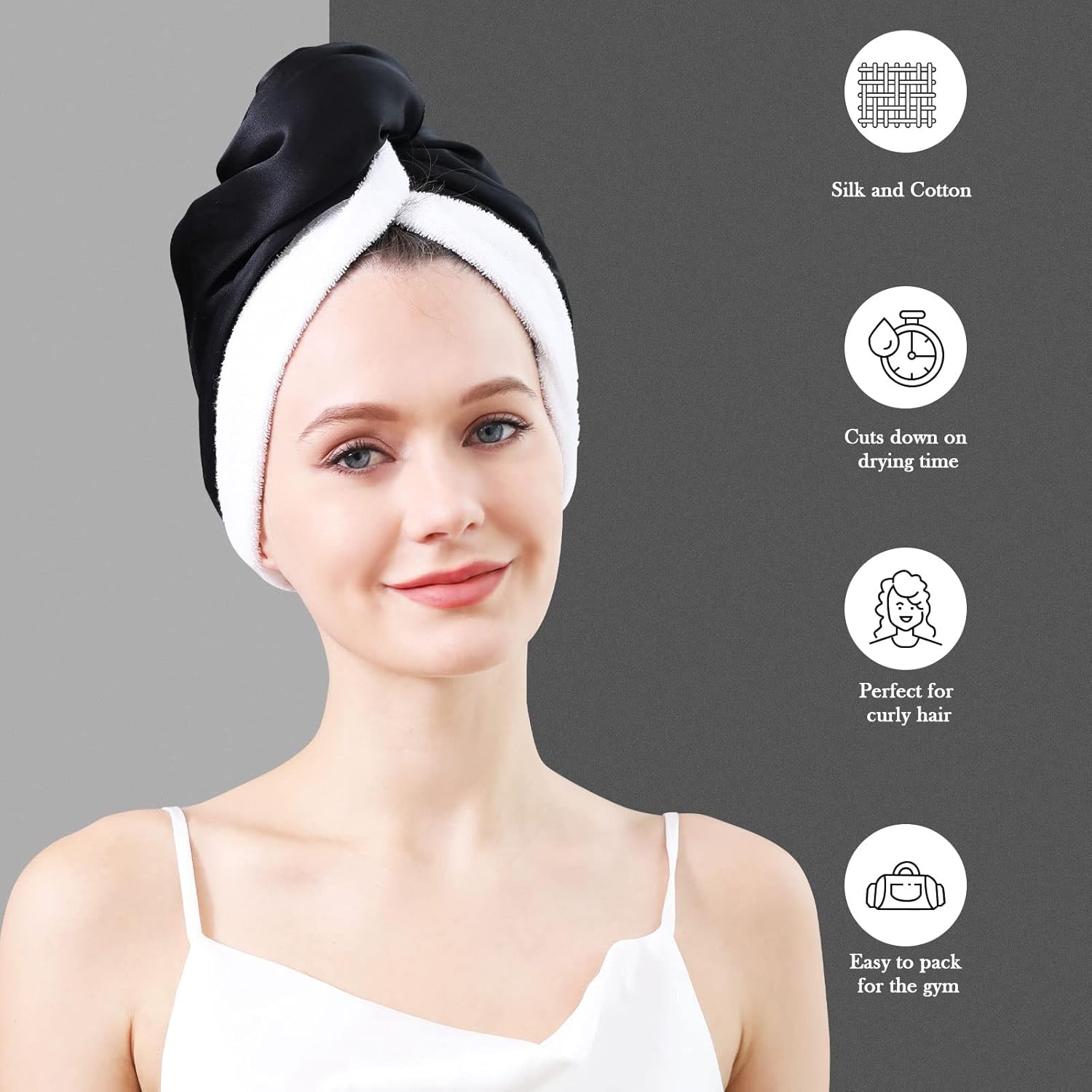DAISYSILK Hair Drying Towel with Silk Outer and Cotton Inner - Black