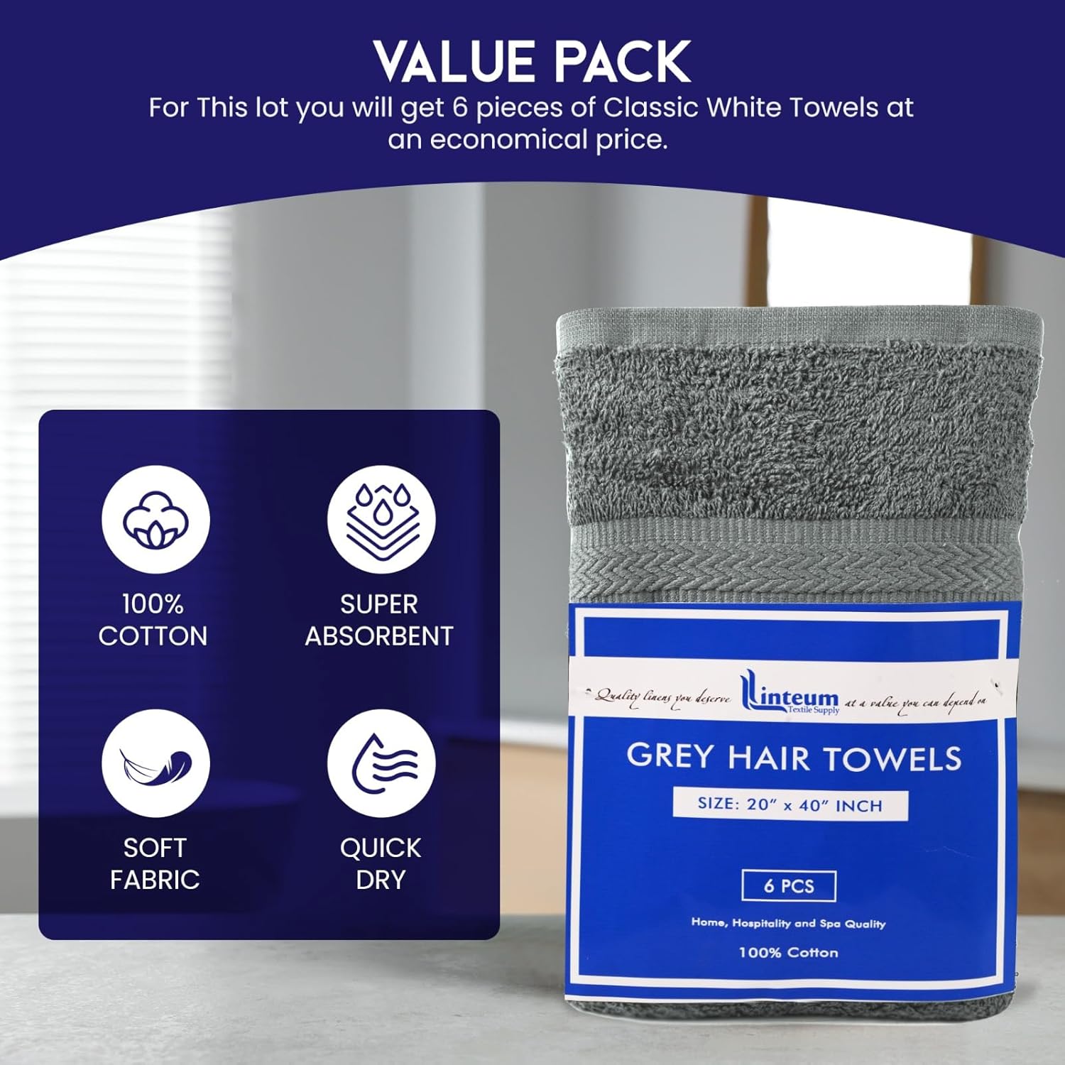 Linteum Textile Supply Hair Drying Towels Pack of 6 Grey