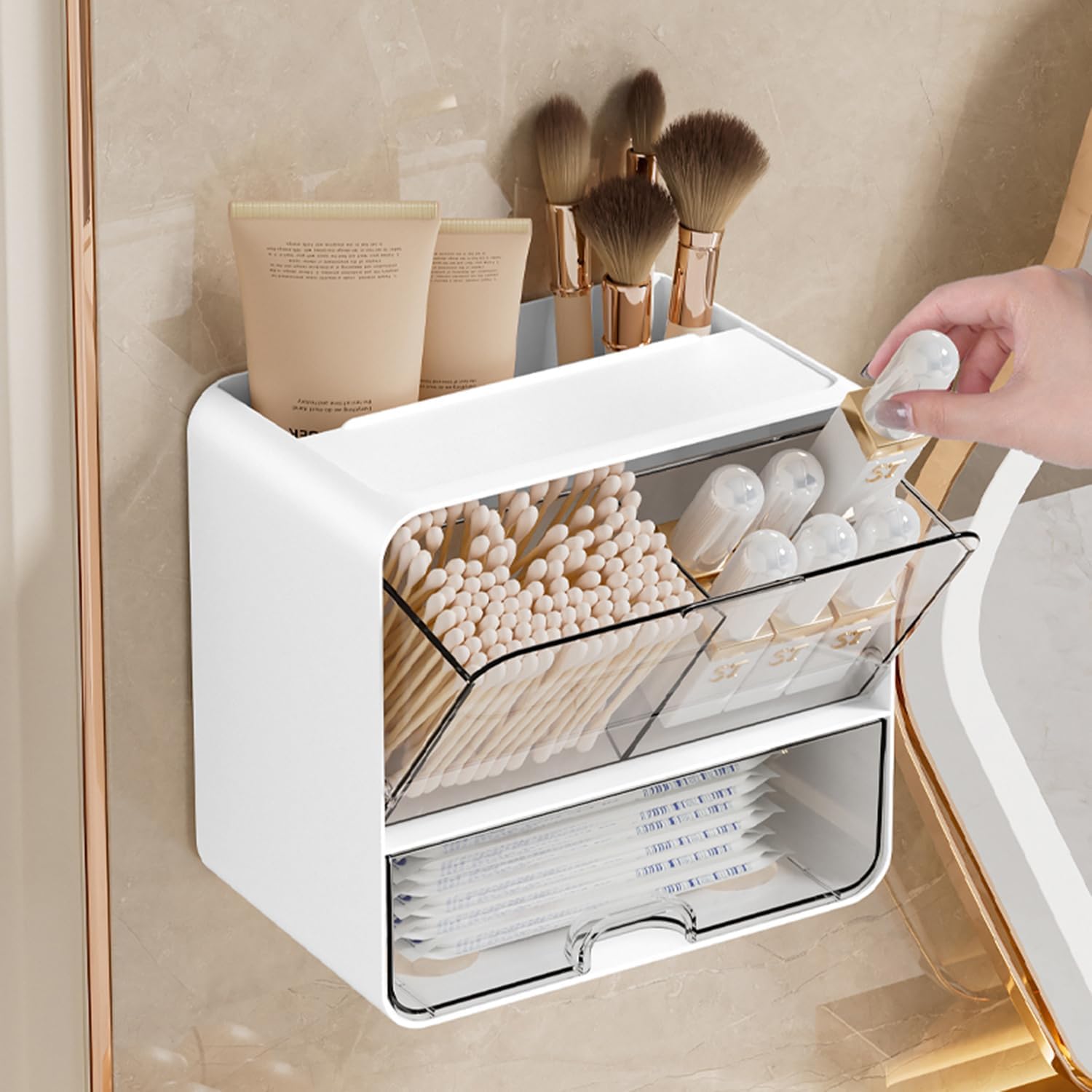ONEFOLL Wall Mounted Makeup Organizer with Slant Flip and Drawer