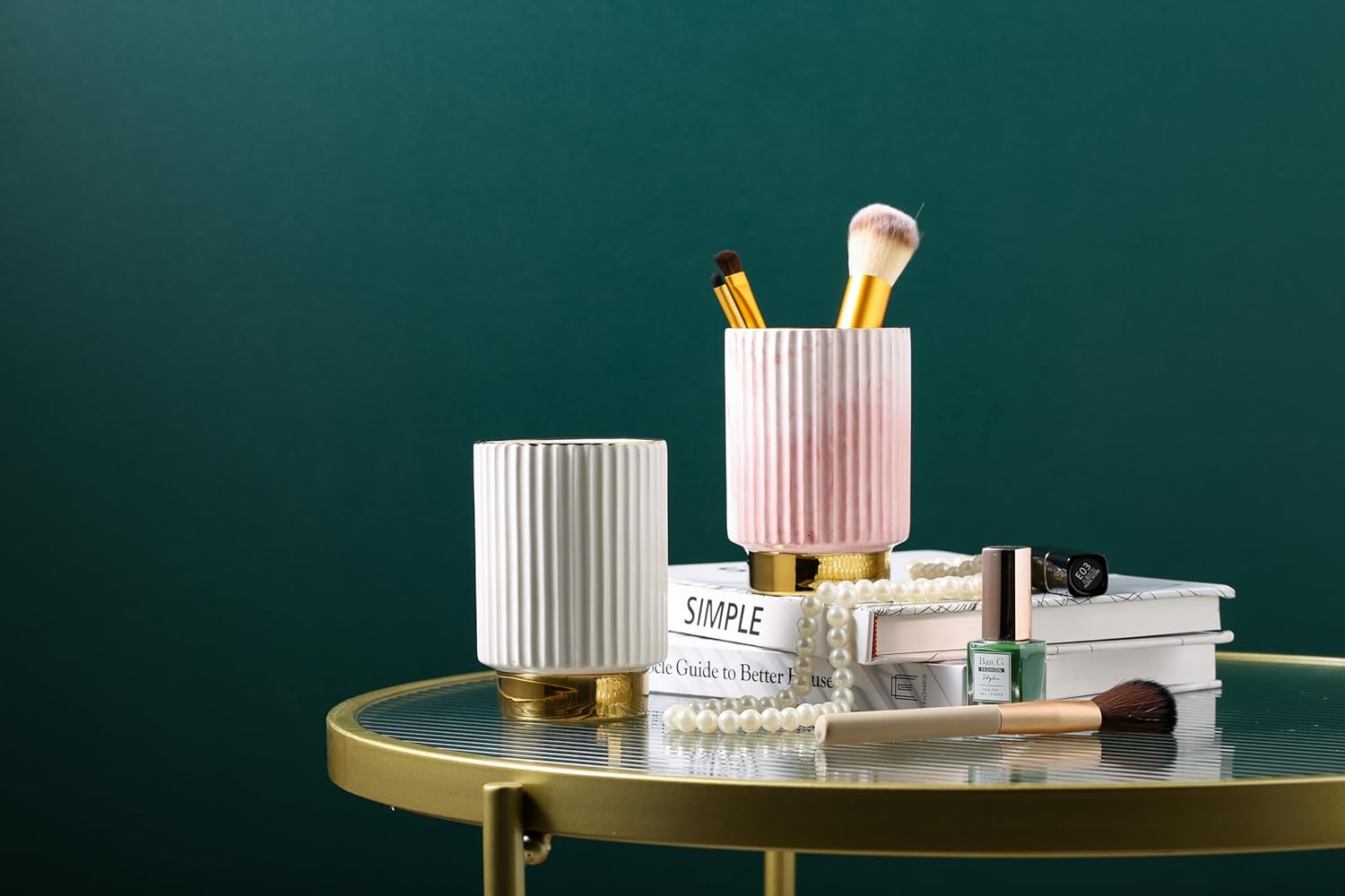 IEEK Pink and Gold Makeup Brush Holder Organizer