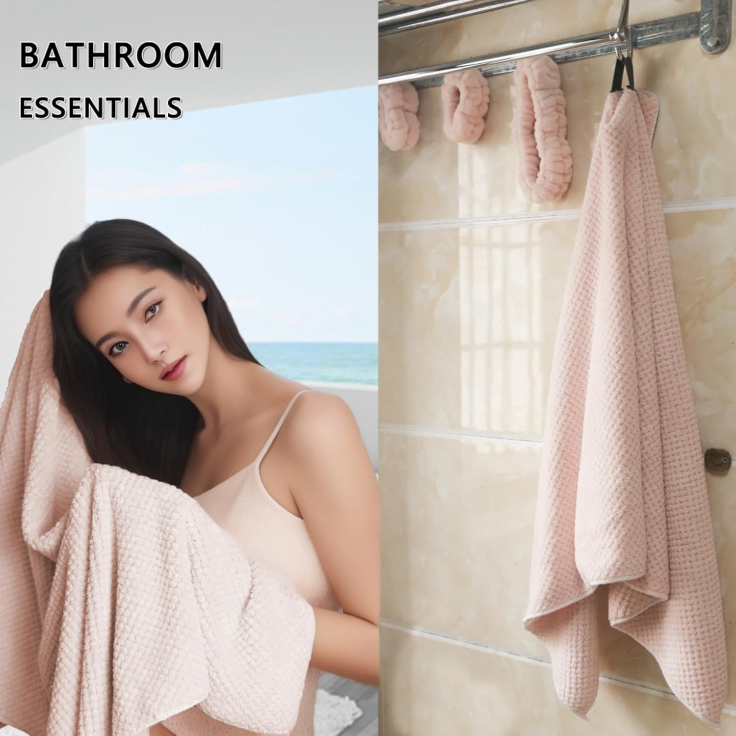 Large Microfiber Hair Towel with Spa Headband and Wristbands Set - Light Pink