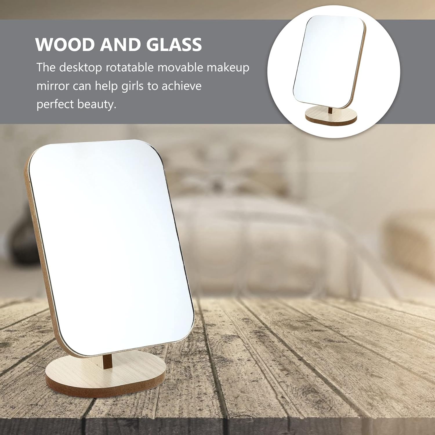 JOEBO Wooden Rotating Desktop Makeup Mirror