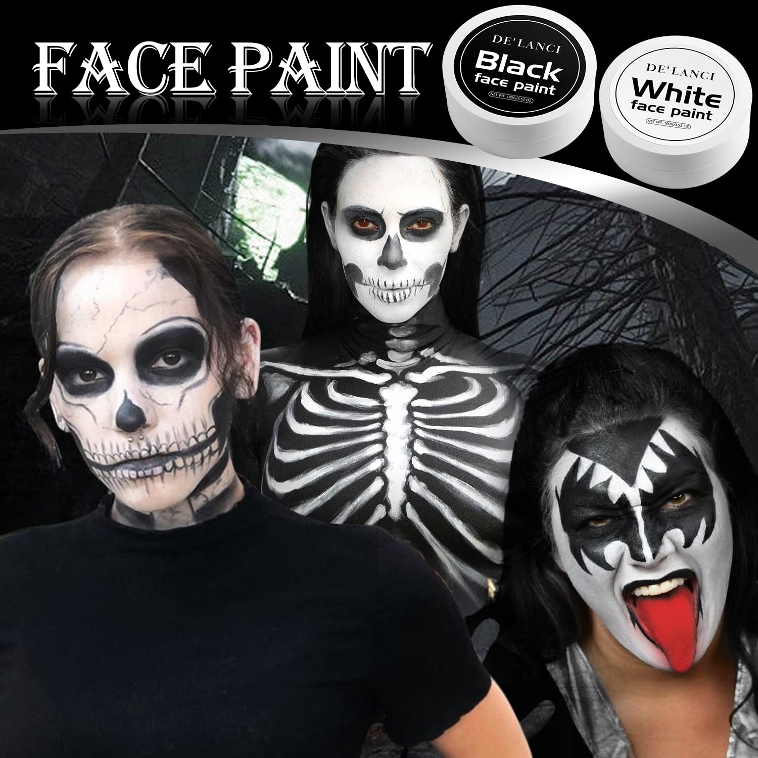Oygcee Black White Body Paint Makeup Kit for Halloween SFX
