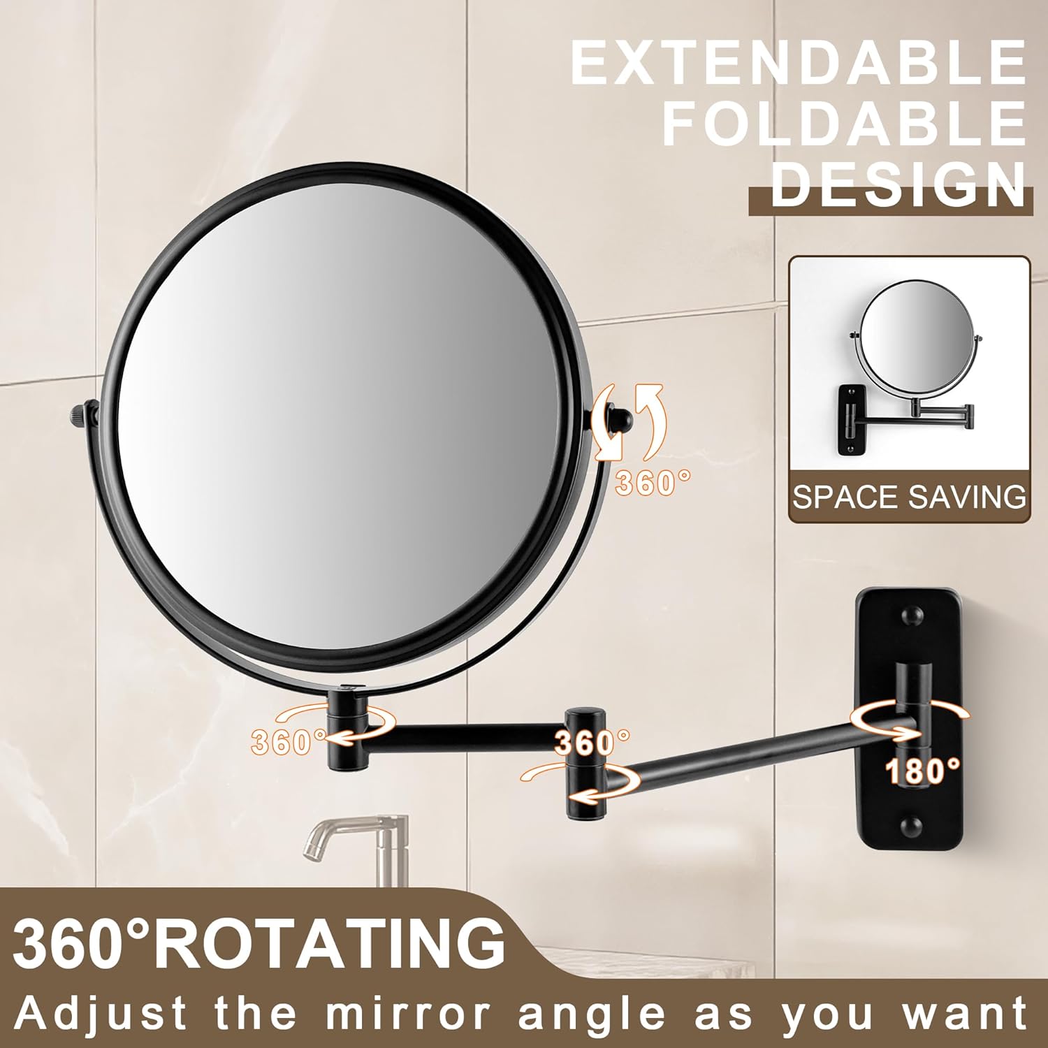 JANEEVA 8 Inch Wall Mounted Makeup Mirror with 360 Extendable Arm