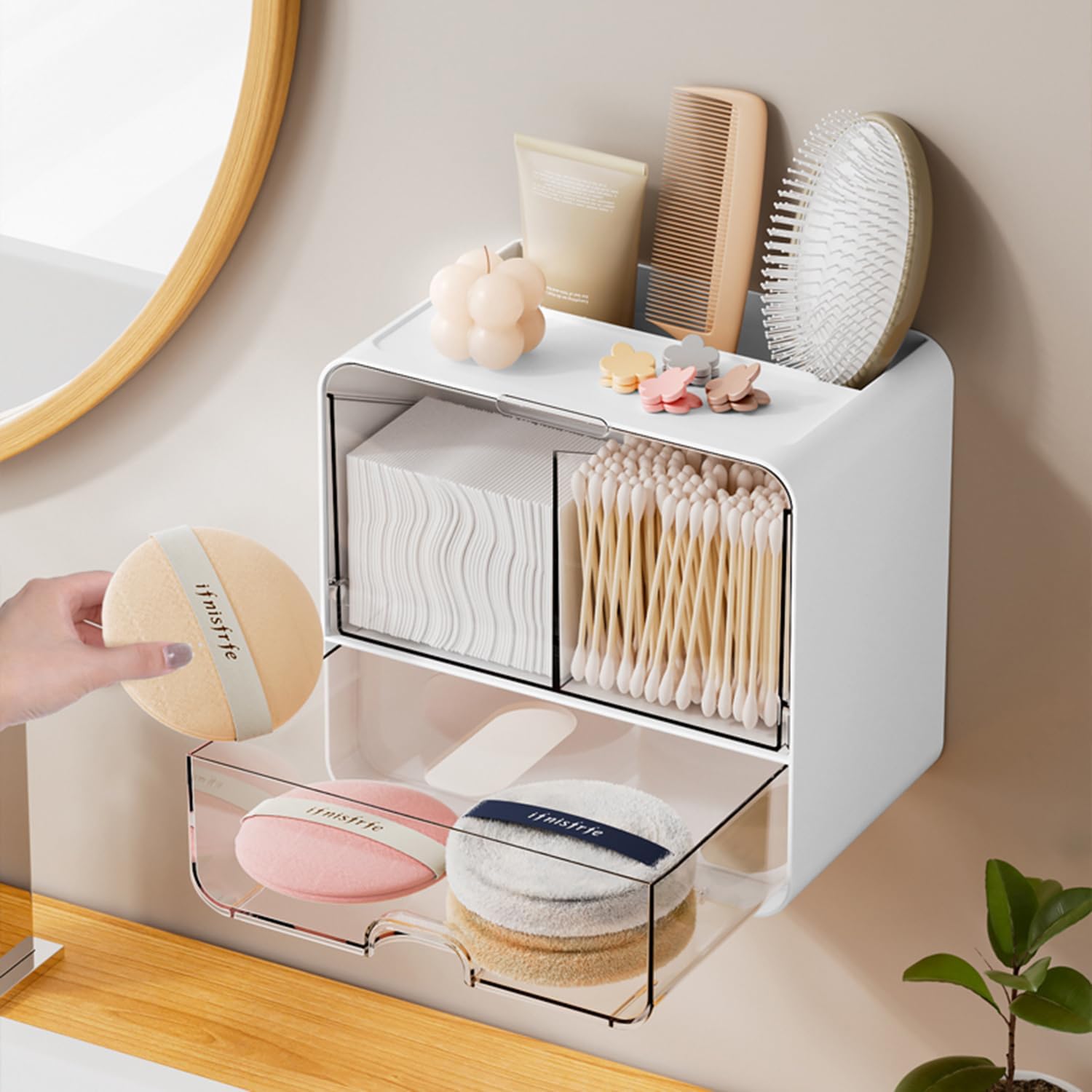 ONEFOLL Wall Mounted Makeup Organizer with Slant Flip and Drawer
