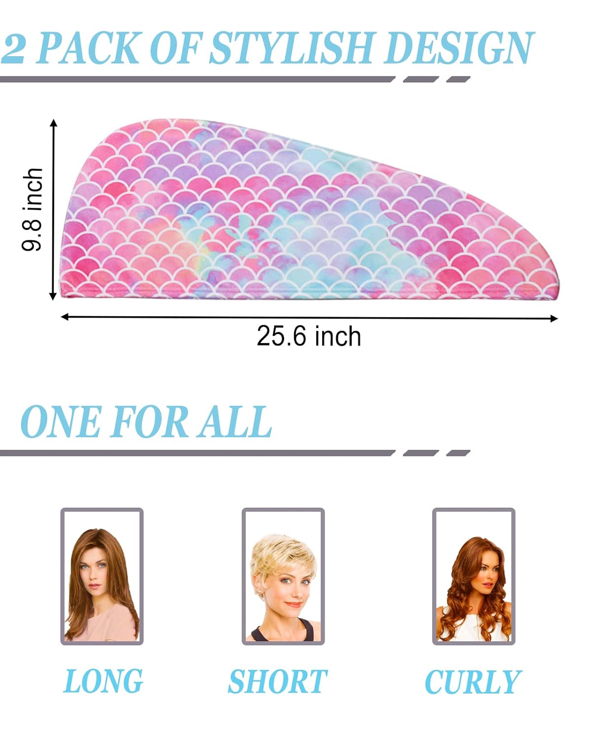 ELLEWIN Mermaid Hair Towel Wrap 2 Pack for Kids and Women