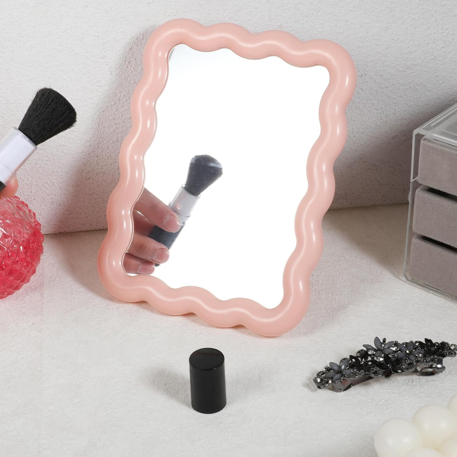 Pink Wave Shaped Portable Makeup Mirror