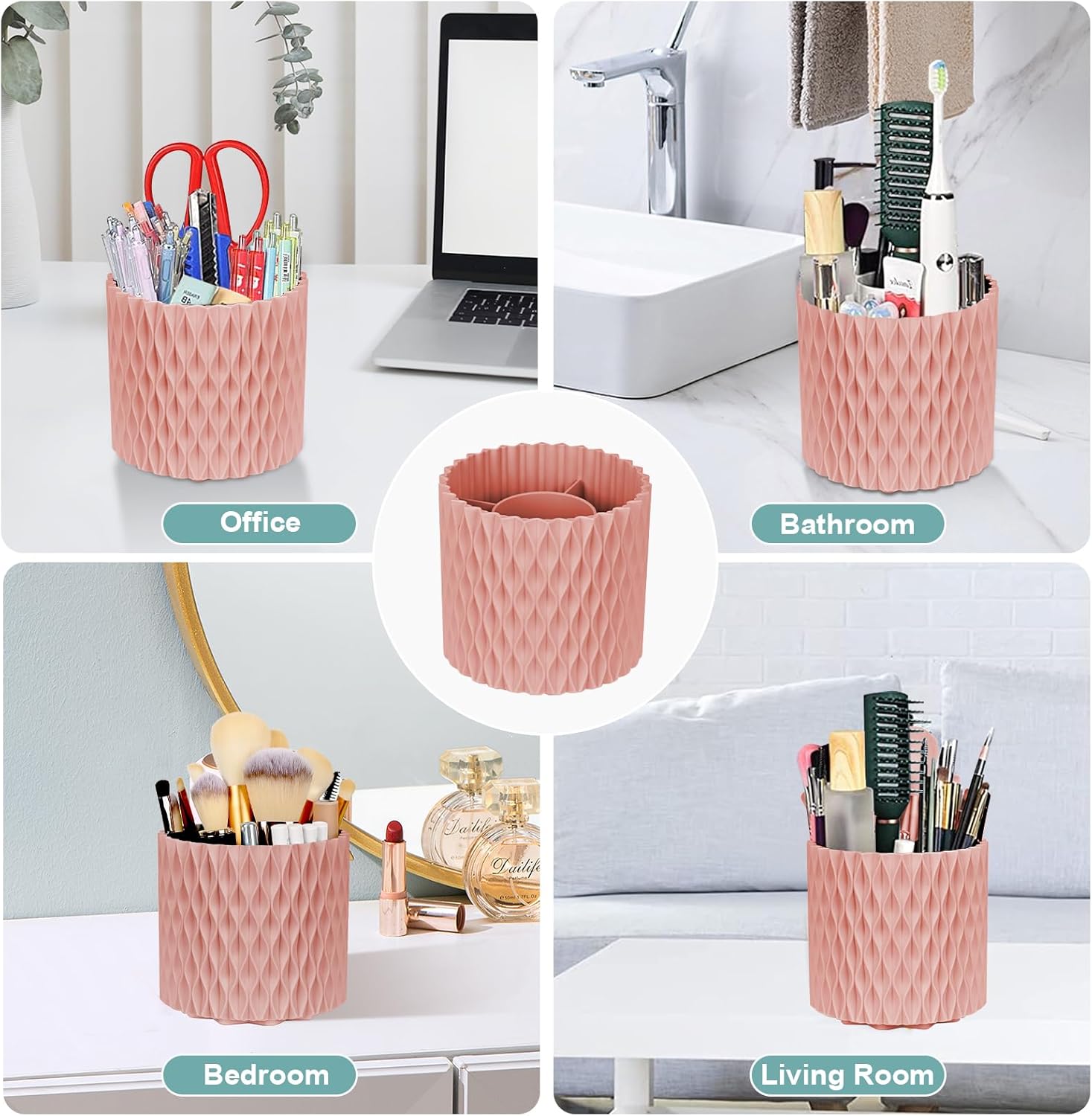 WAFJAMF Makeup Brush Holder 360 Rotating 5 Slot Organizer - Pink