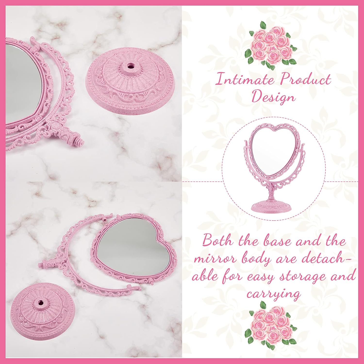 CHENGU Heart-Shaped Mirror 8 Combs Hair Styling Set Pink