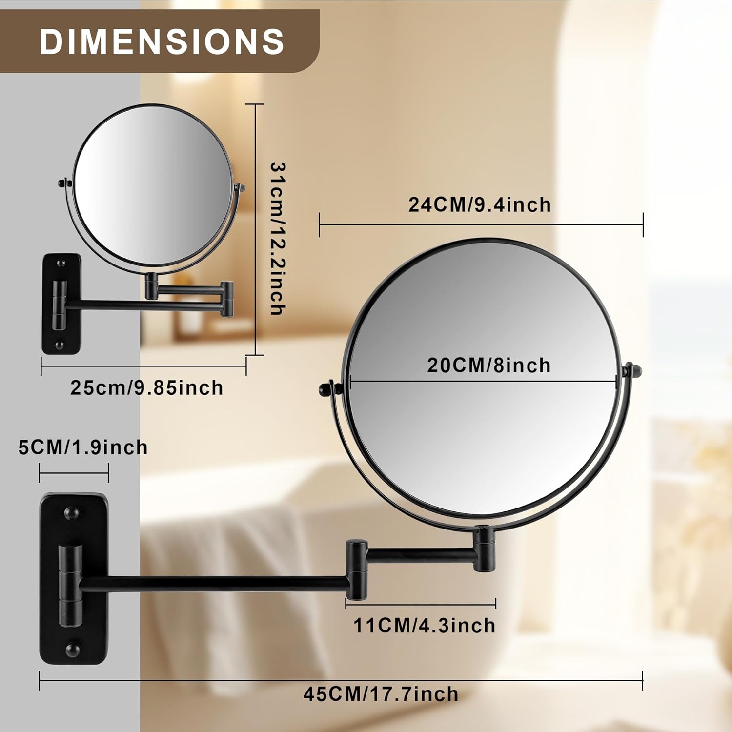 JANEEVA 8 Inch Wall Mounted Makeup Mirror with 360 Extendable Arm