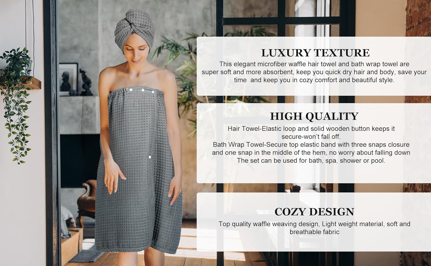TOCOHO Women Hair Drying Towel and Bath Wrap Set - Grey