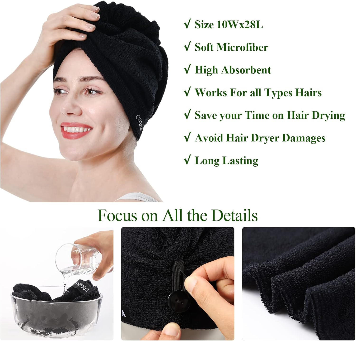 COGANA 2 Pack Microfiber Hair Towels with Button