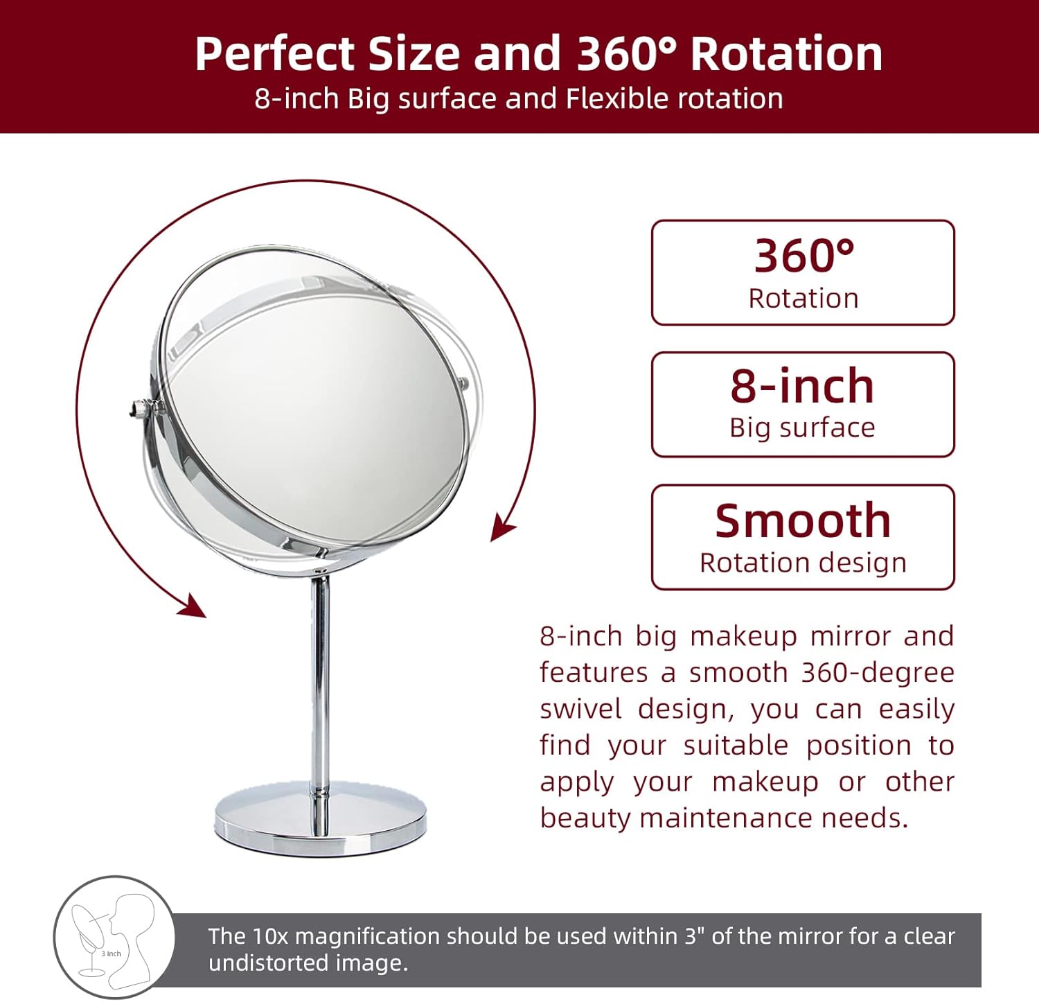 15 Tall Classic Round Magnifying Makeup Mirror with 1X10X and Swivel Stand