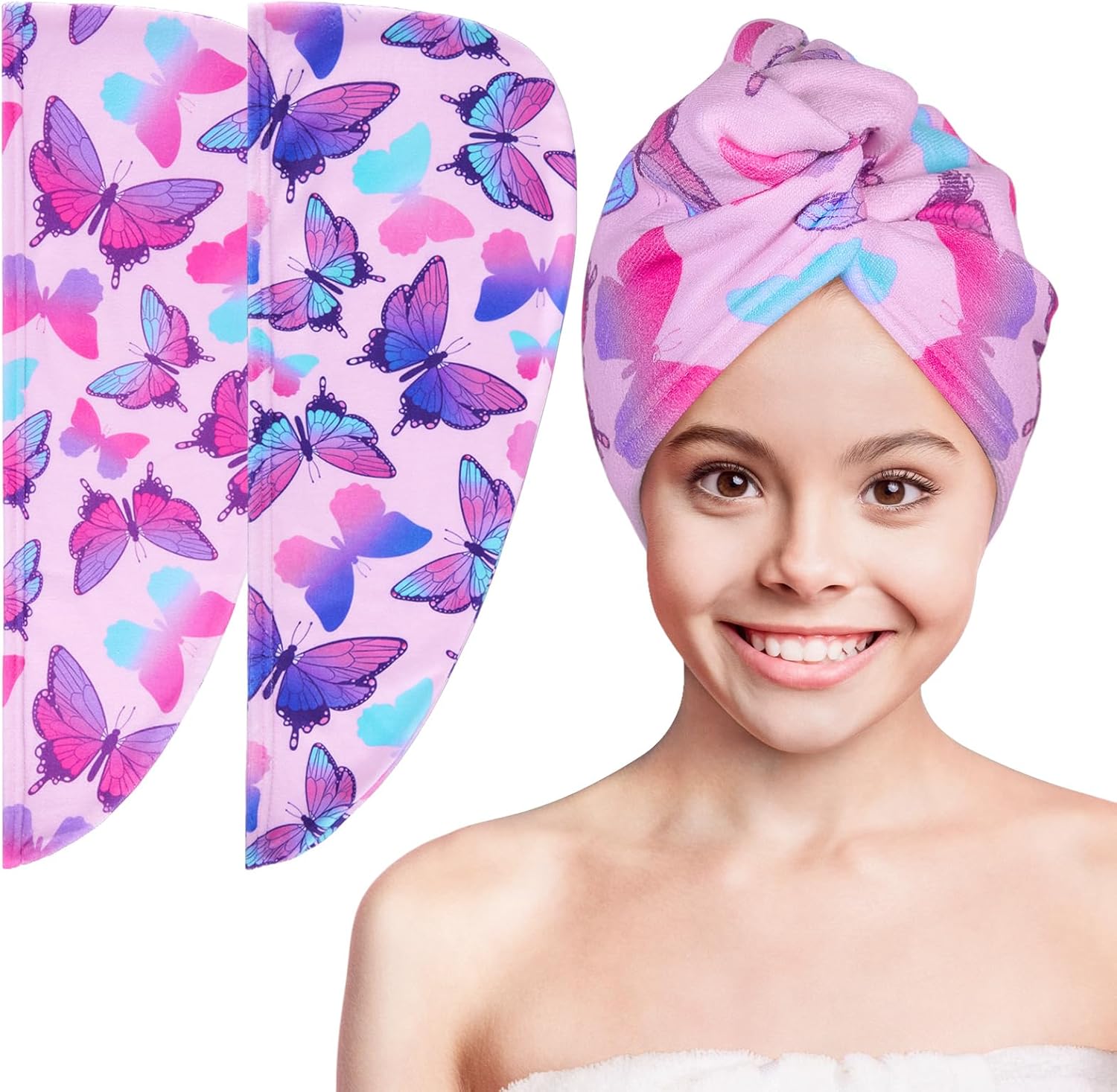Basumee Microfiber Hair Towel Wrap 2 Pack - Blue Pink Butterfly Design