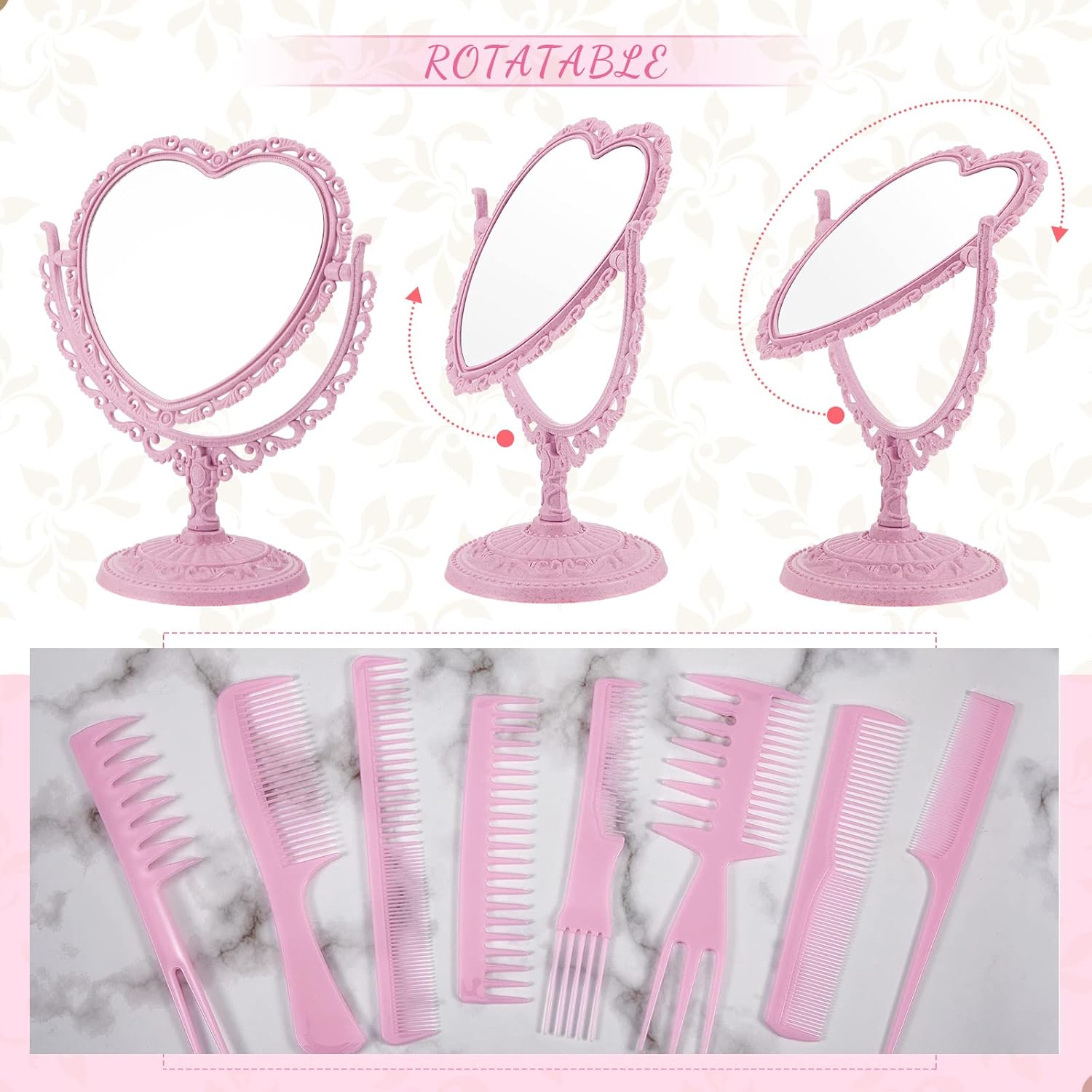 CHENGU Heart-Shaped Mirror 8 Combs Hair Styling Set Pink