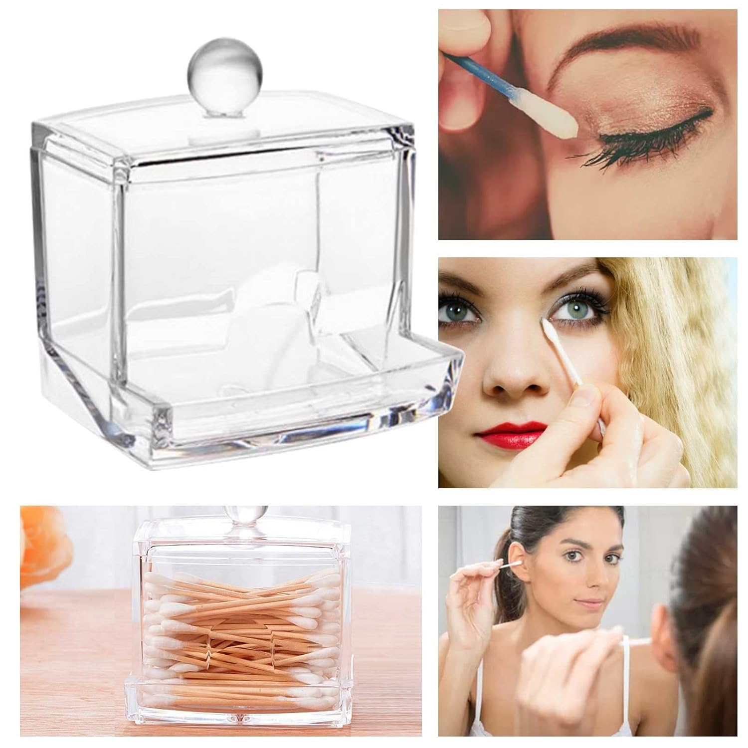 Clear Acrylic Storage Holder for Cotton Swabs and Makeup Accessories