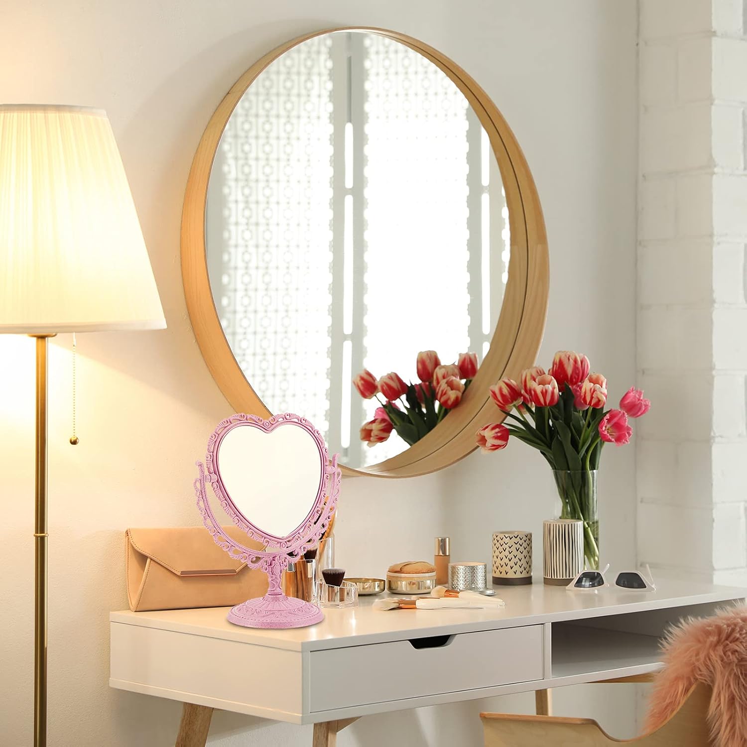 CHENGU Heart-Shaped Mirror 8 Combs Hair Styling Set Pink
