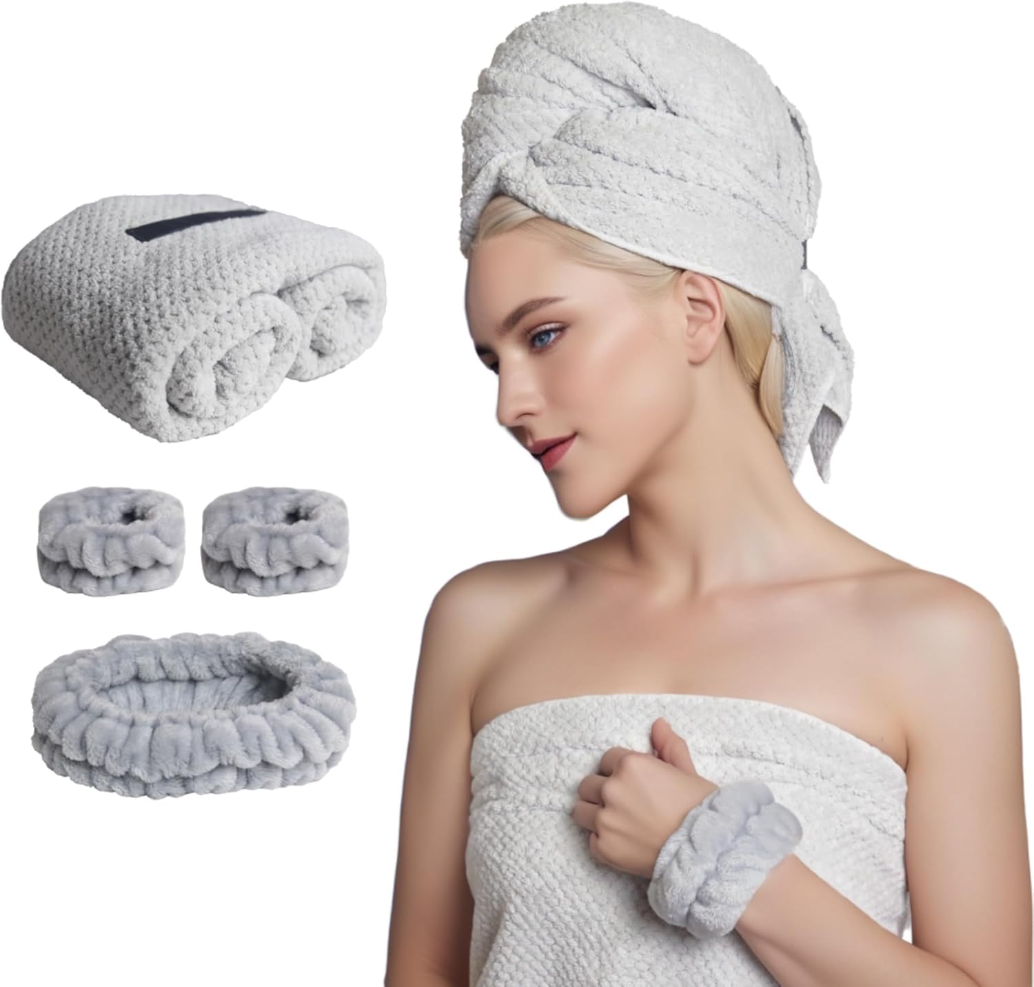 Large Microfiber Hair Towel with Spa Headband and Wristbands - Light Grey