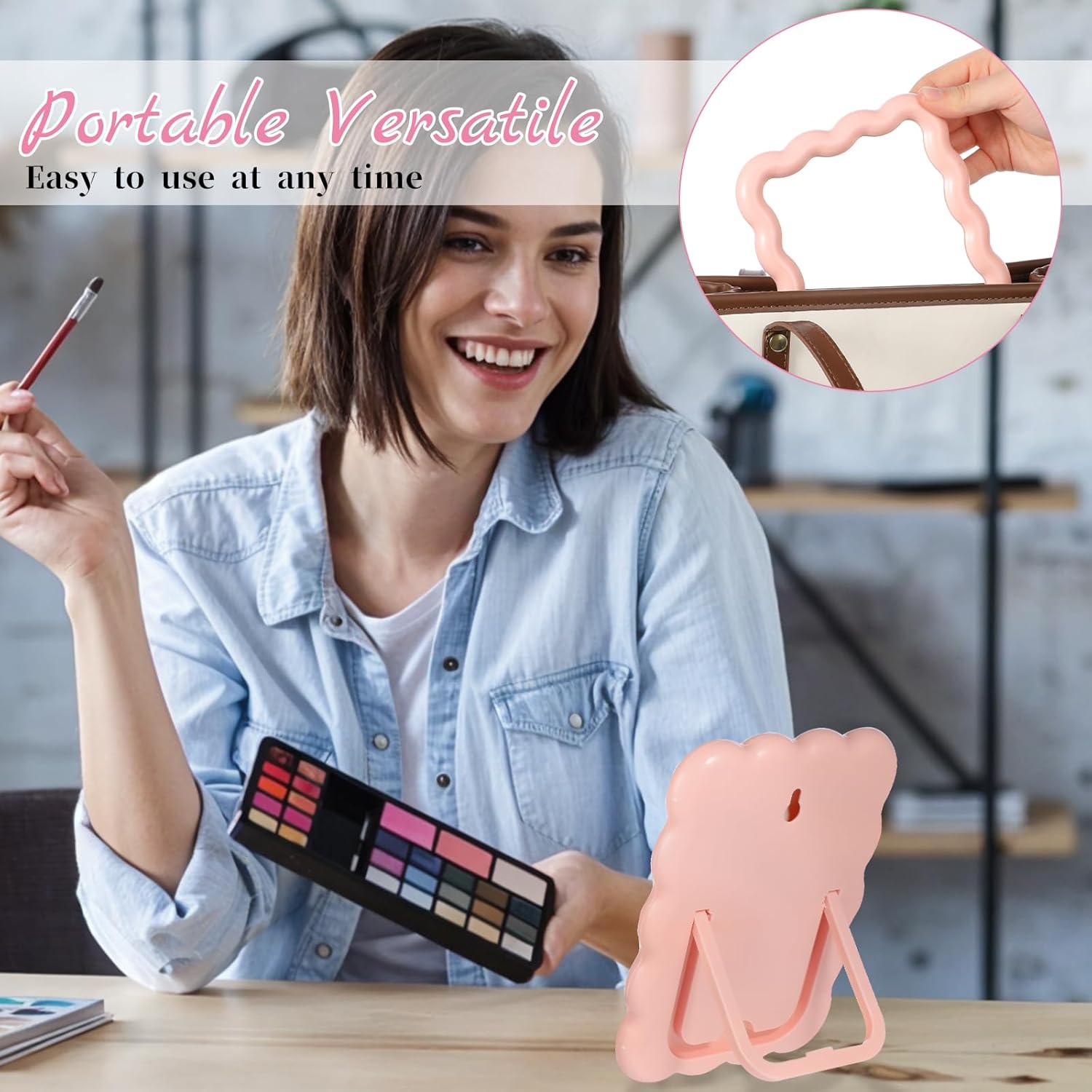 Pink Wave Shaped Portable Makeup Mirror