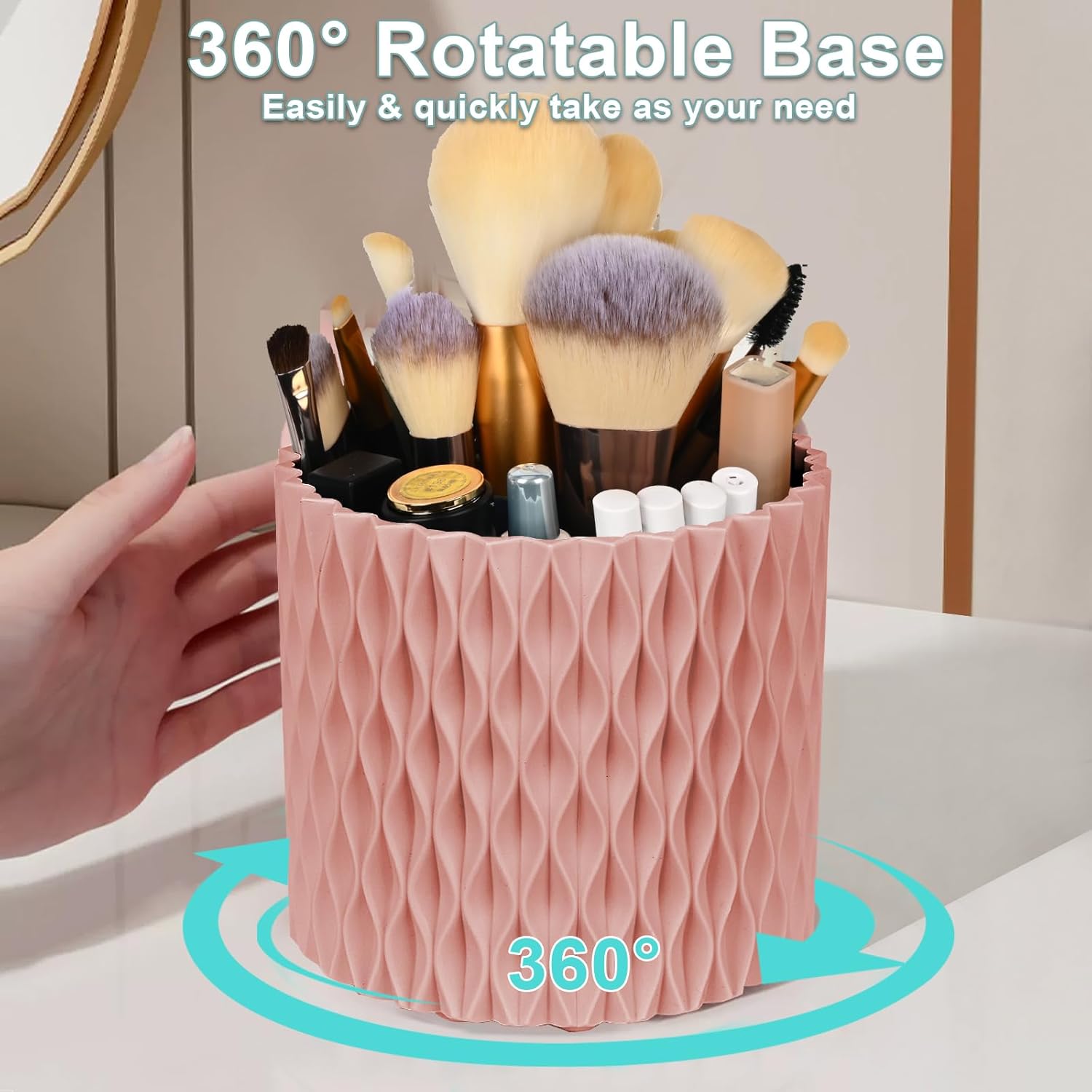 WAFJAMF Makeup Brush Holder 360 Rotating 5 Slot Organizer - Pink