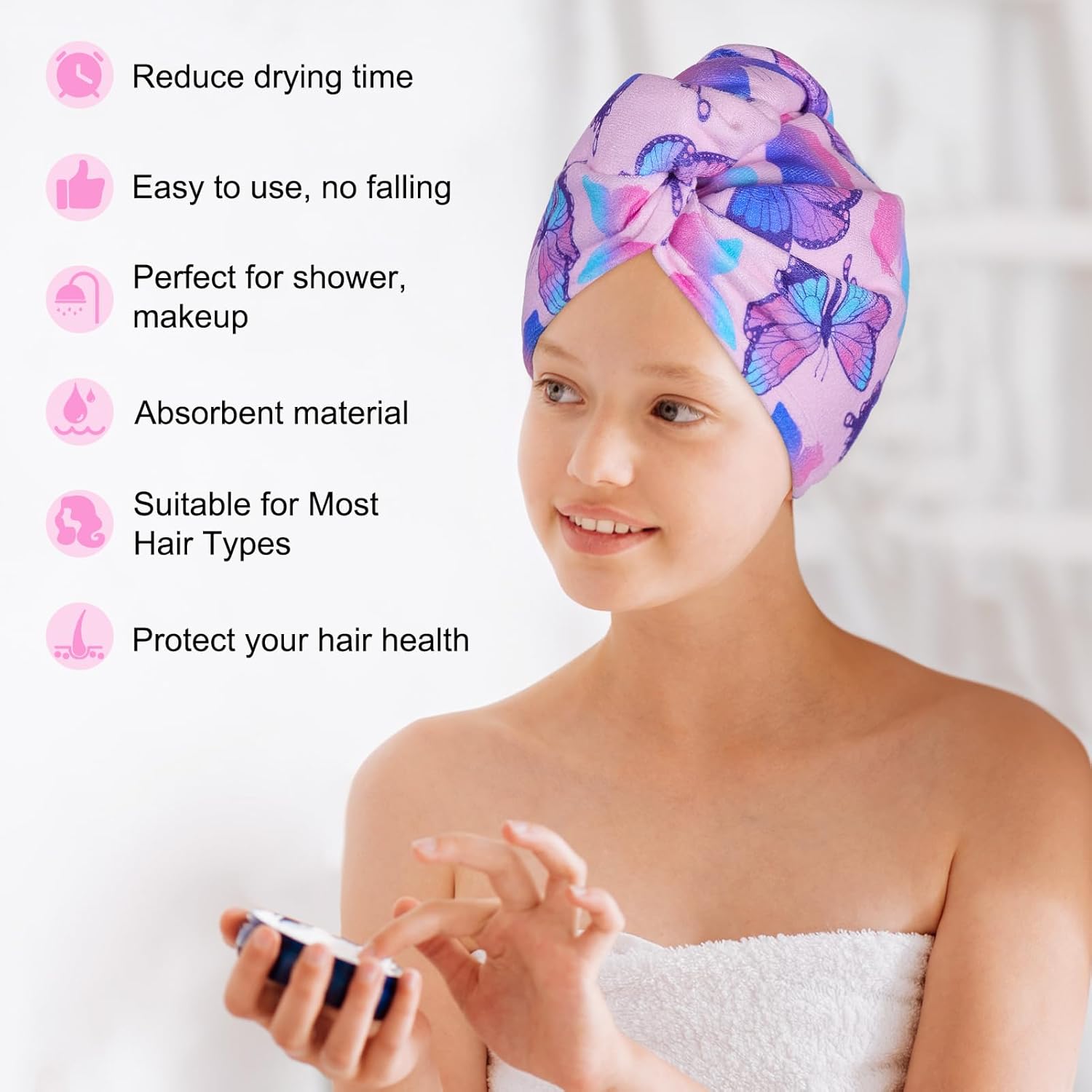 Basumee Microfiber Hair Towel Wrap 2 Pack - Blue Pink Butterfly Design