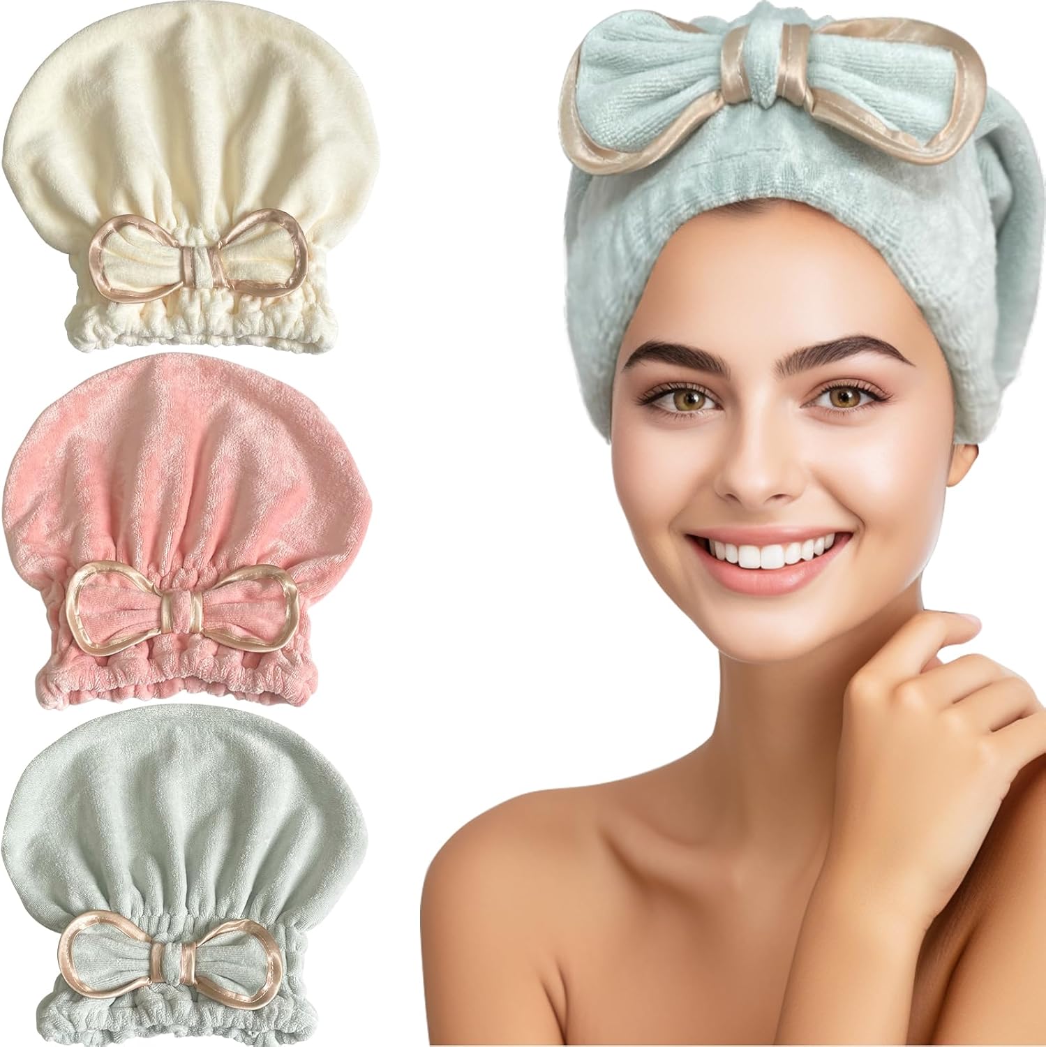 Jseng Microfiber Hair Towel Caps with Bowtie 3 Packs for Women