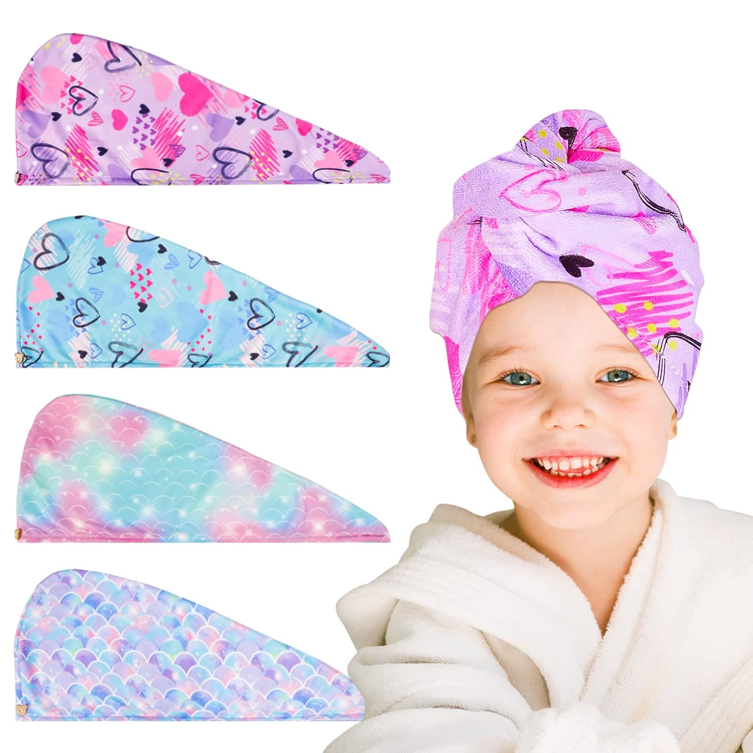 RETON 4 Pack Microfiber Hair Towels for Kids Girls Women