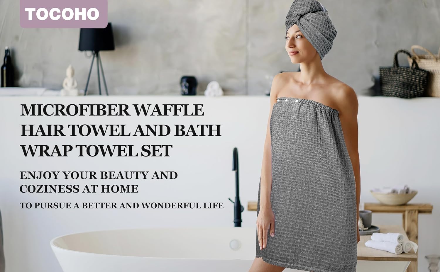 TOCOHO Women Hair Drying Towel and Bath Wrap Set - Grey