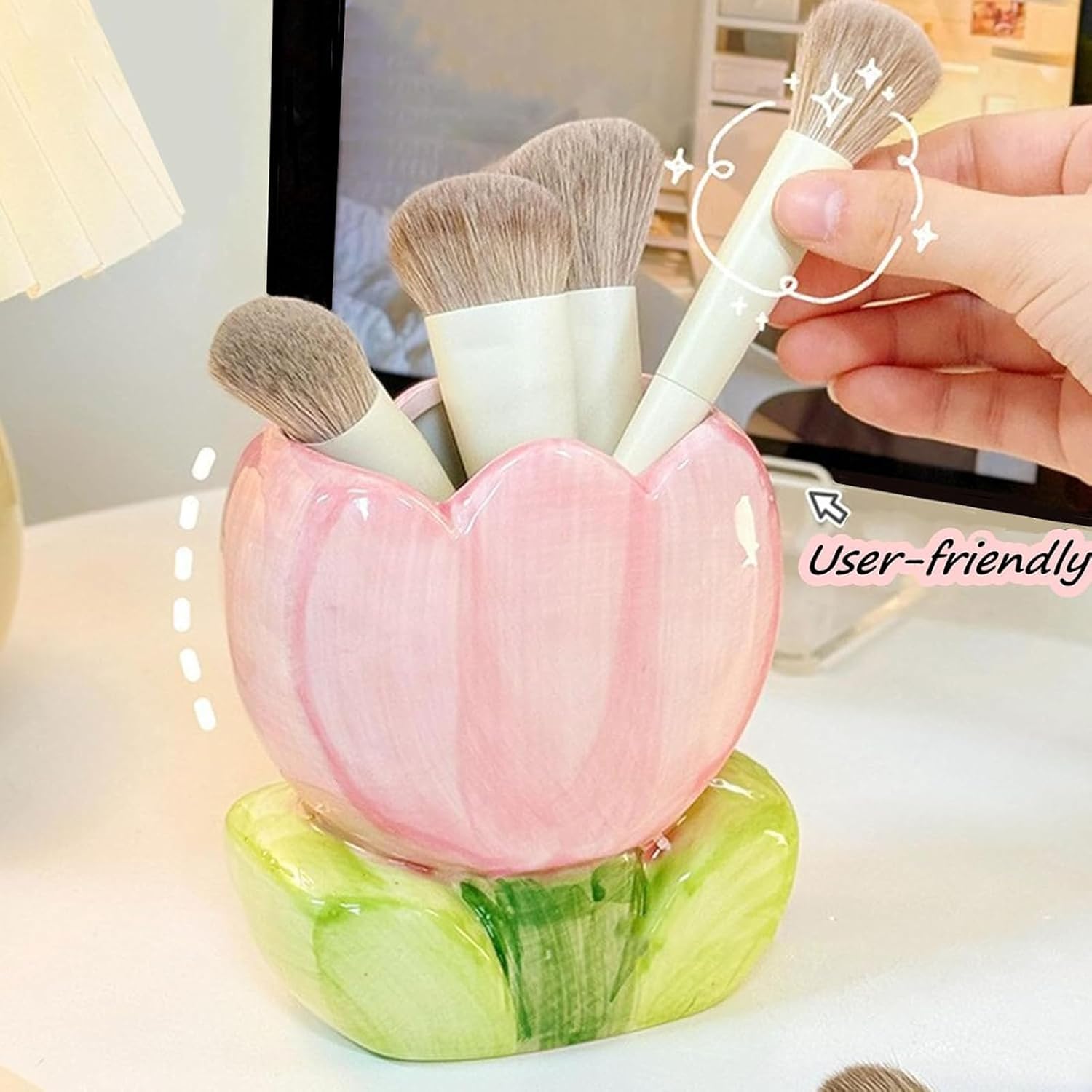 Ceramic Tulip Makeup Brush Holder Pink