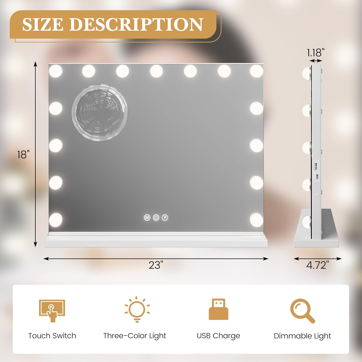 GAOMON 23x18 Vanity Mirror with Lights and 3X Magnification
